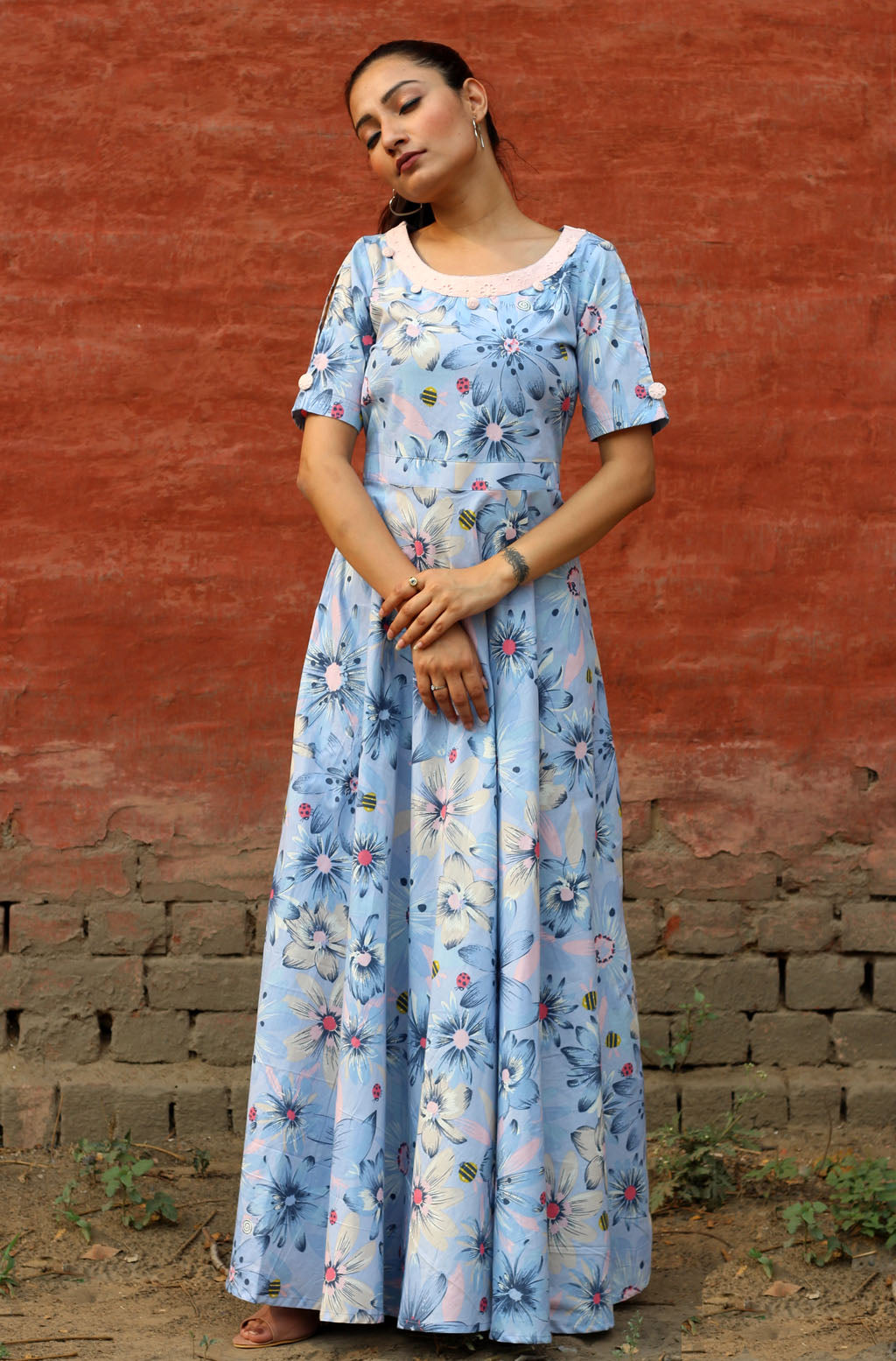 Beautiful Blue Cotton Perwinkle Floral Print Long Dress Buttons
