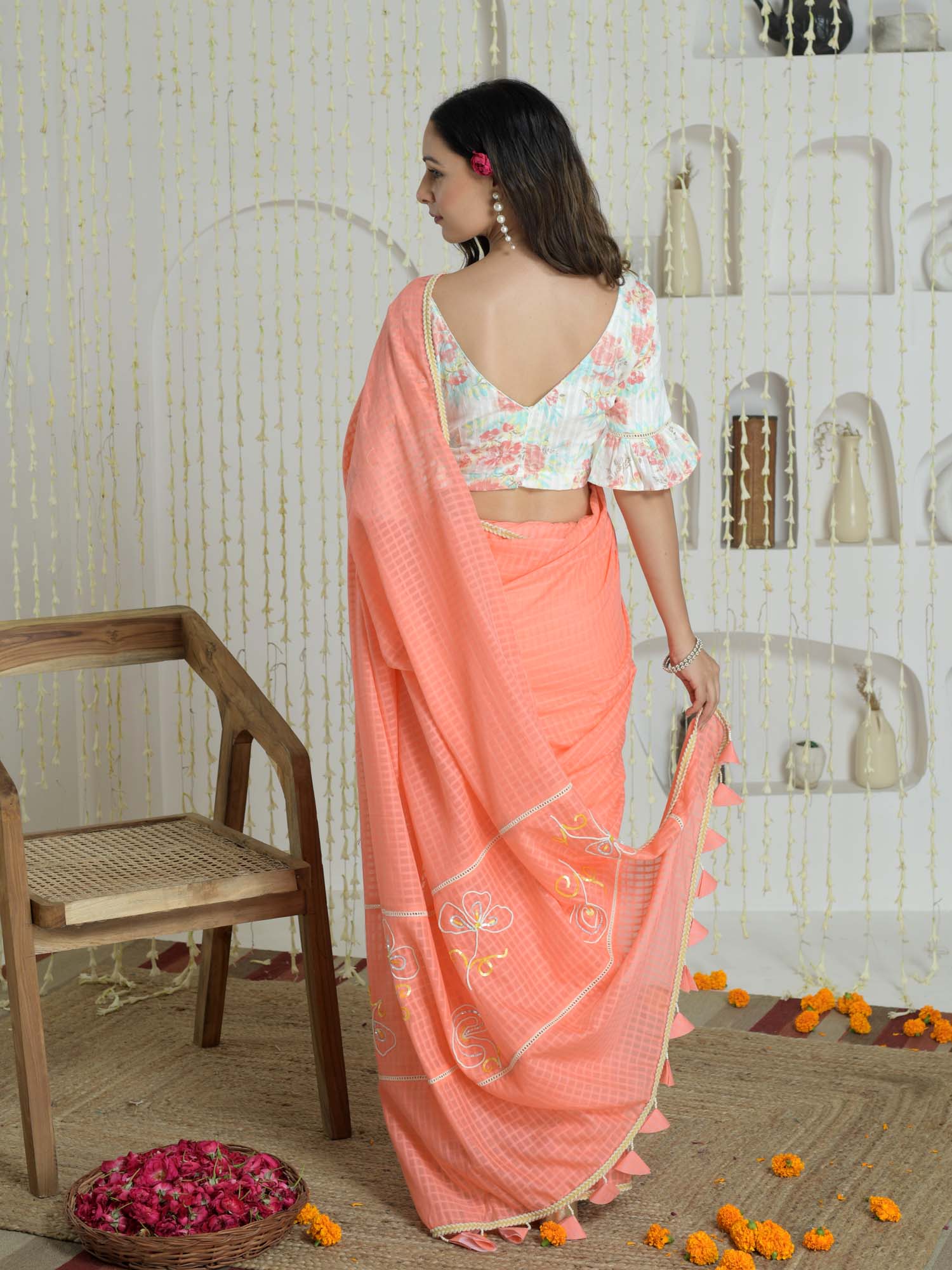 Sophisticated Pastel Orange Cotton Check Saree Embroidered Pallu