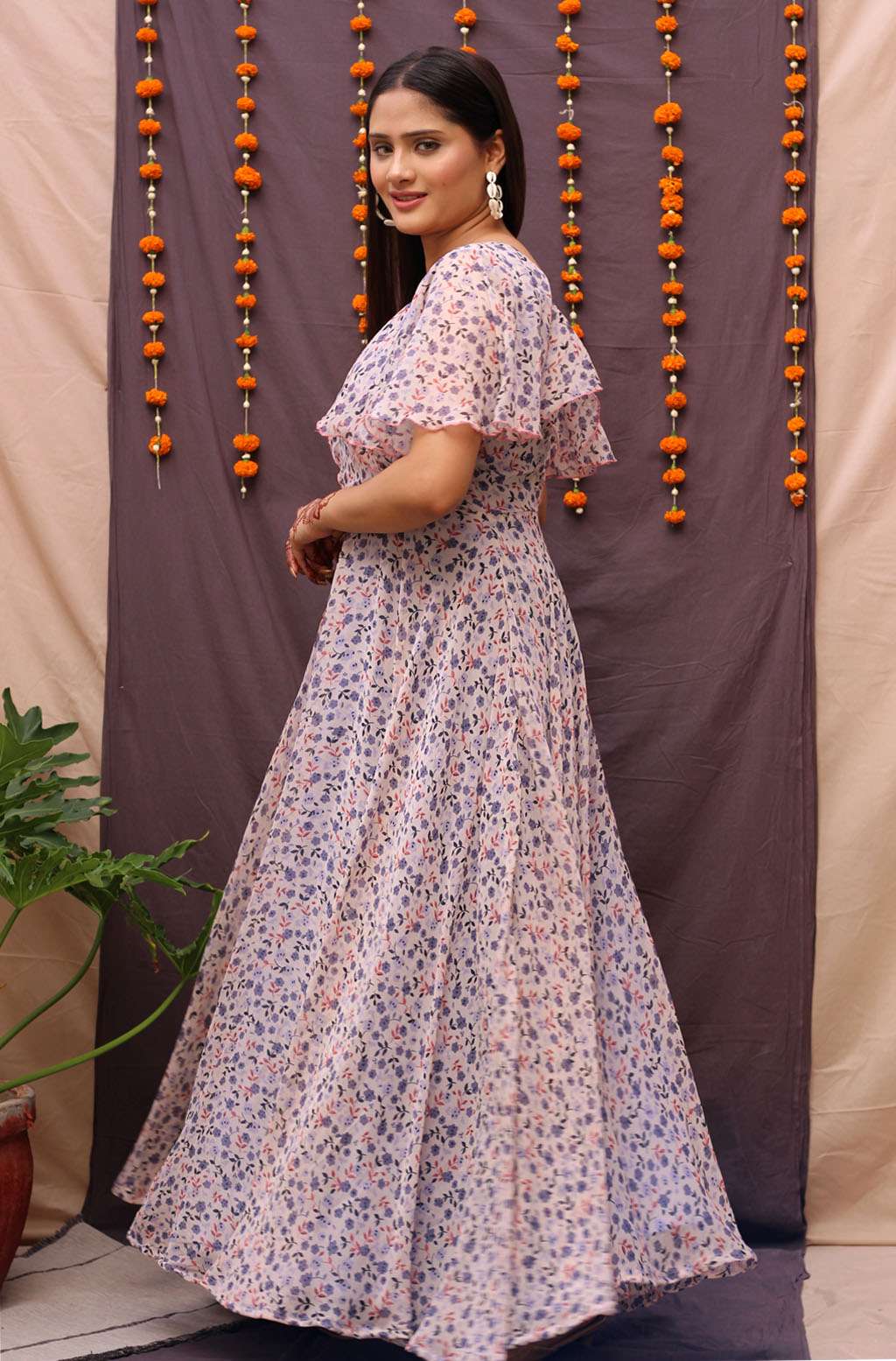 Twirl-Ready Purple Multicolor Georgette Floral Print Long Dress - Vasundhara