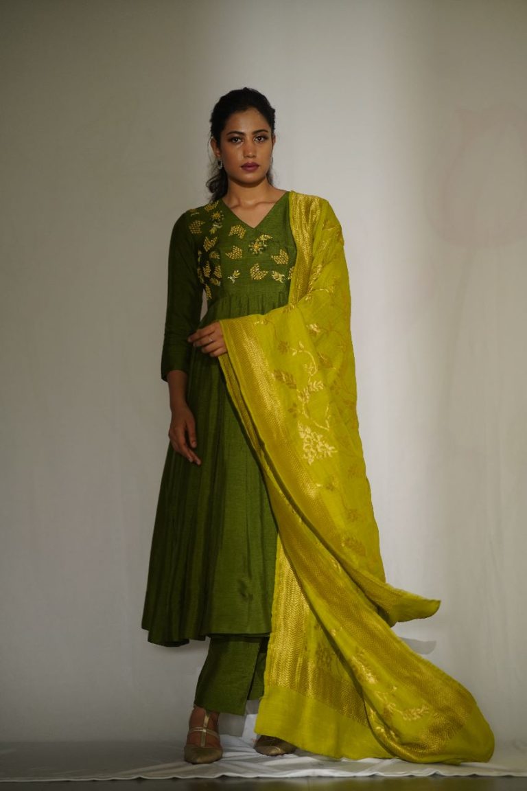 Serene Green Raw Silk Anarkali Chartreuse Dupatta Gold Motifs