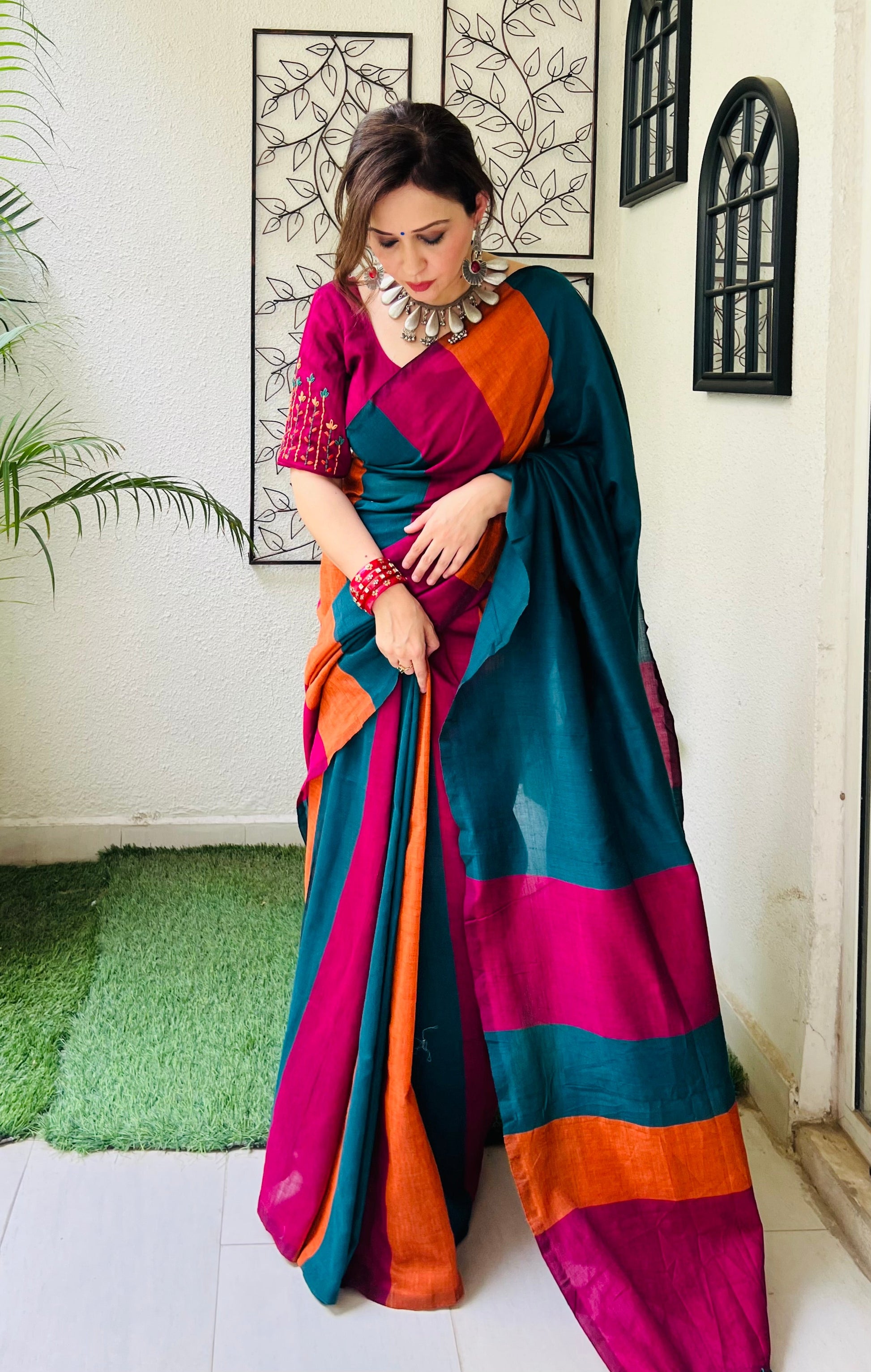 Handcrafted Multicolor Rust Orange Navy Rose Gold Cotton Striped Saree