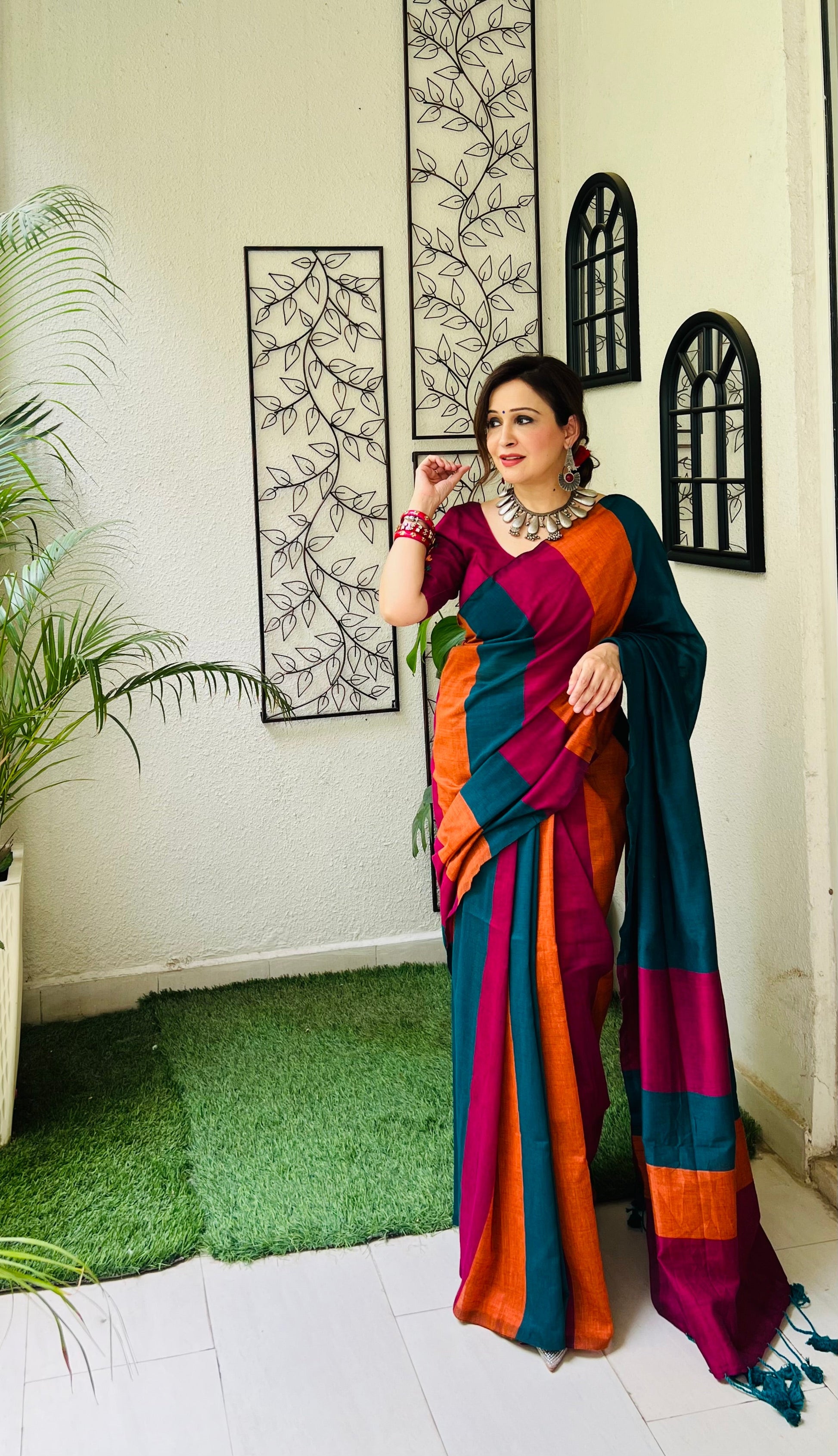 Handcrafted Multicolor Rust Orange Navy Rose Gold Cotton Striped Saree