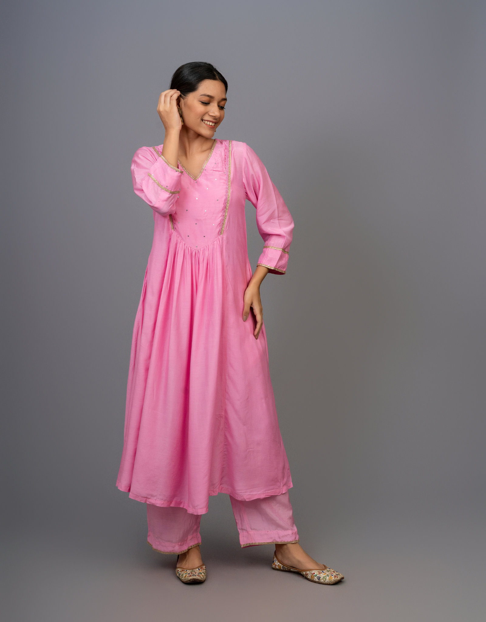 Purple Cotton Silk Hand Embroidered A-line Kurta Pants Set