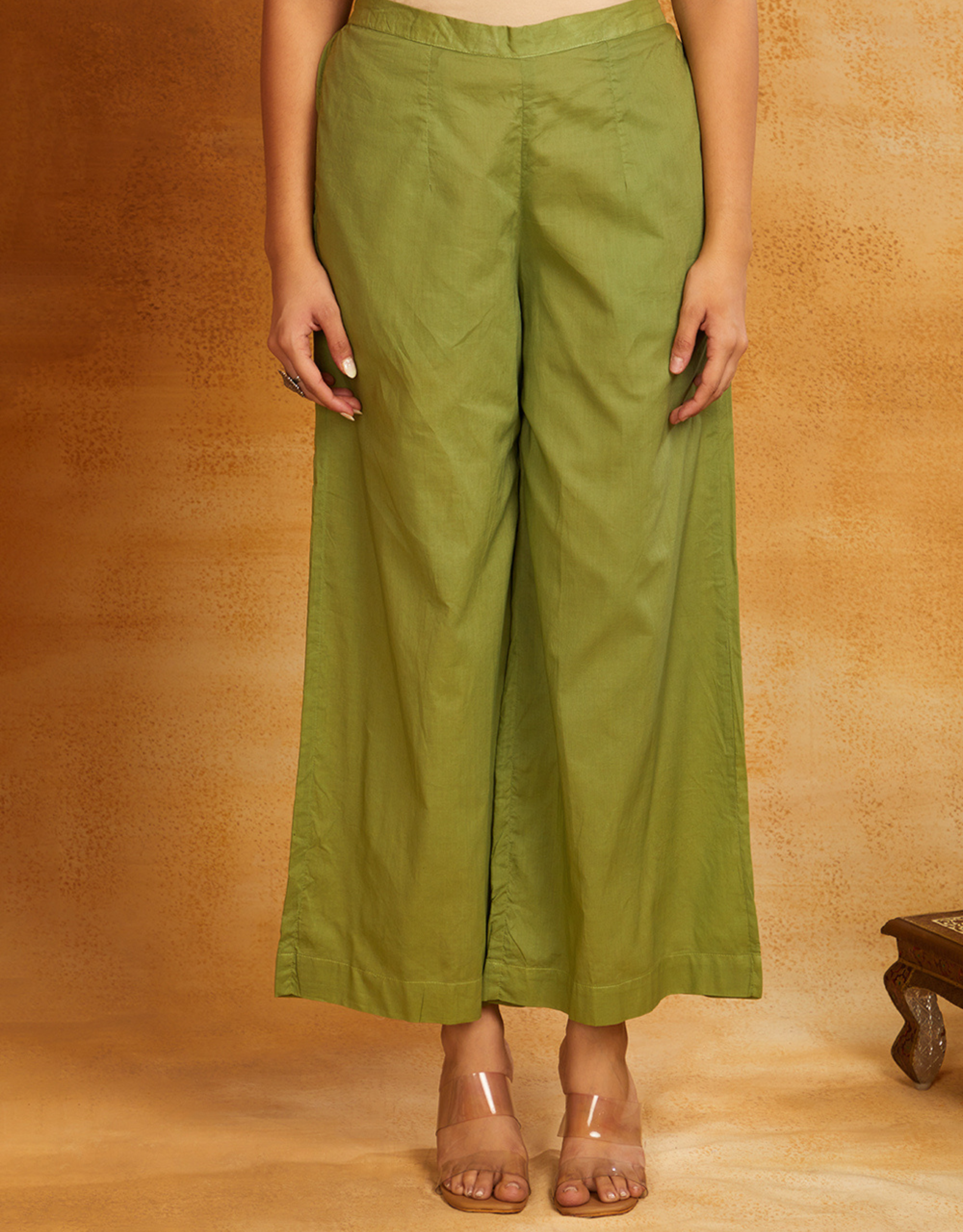 Green Cotton Solid Palazzo Front Belt Back Elastic Pockets