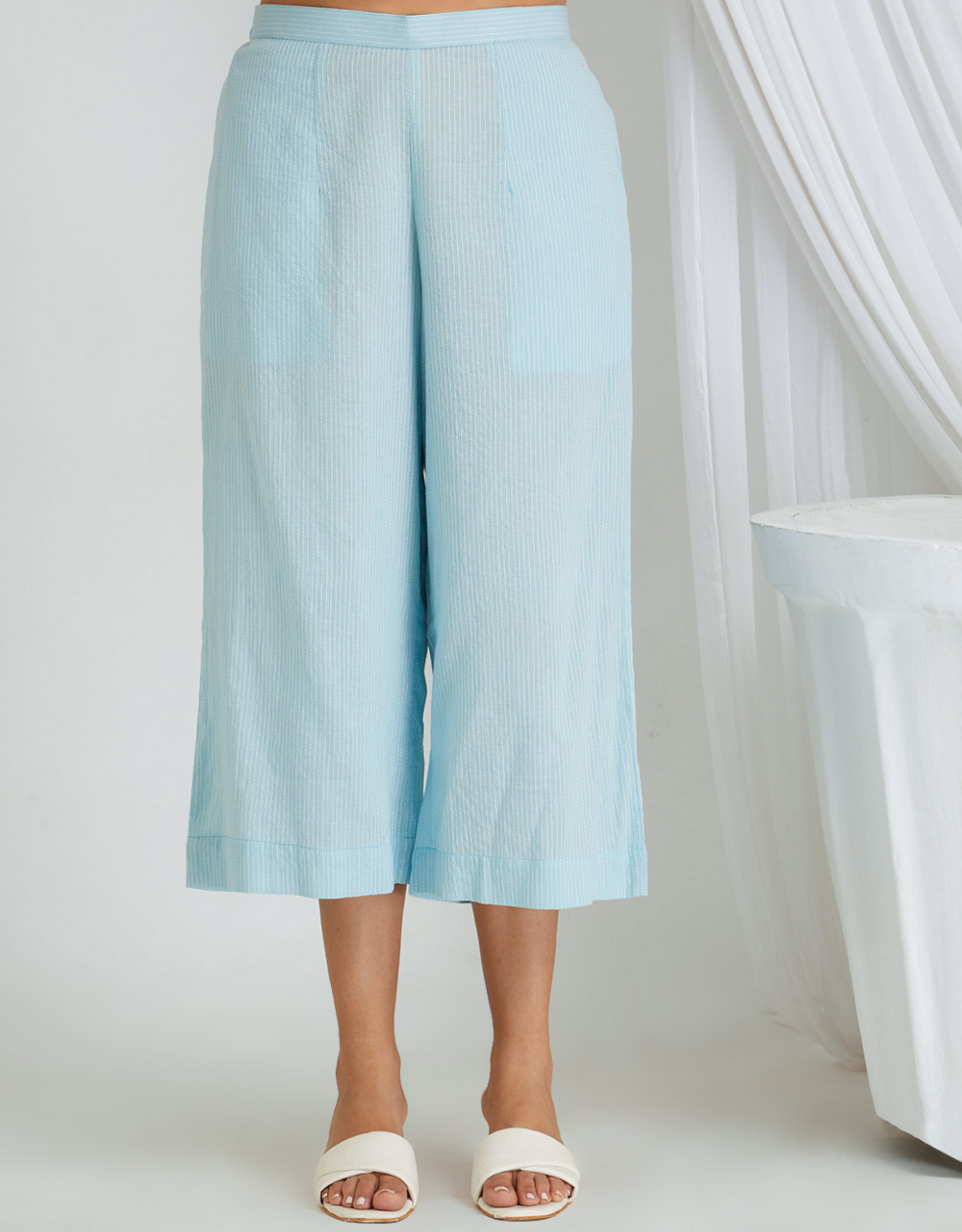 Blue Kantha Weaving Cotton Shrug Slip Pants Co-ord Set Collar