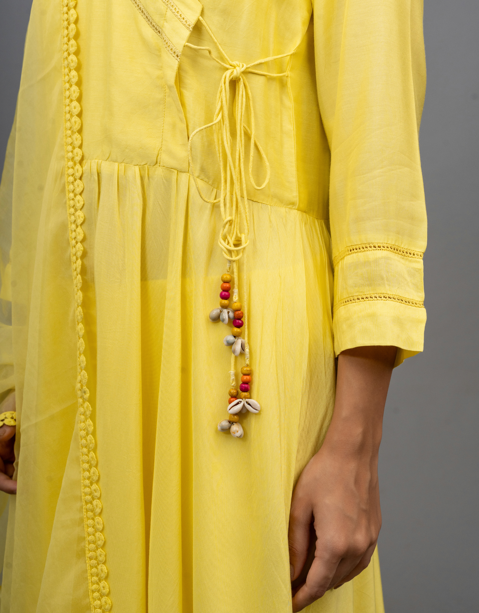 Yellow Cotton Silk Gathered A-line Angrakha Kurta Pants Lace
