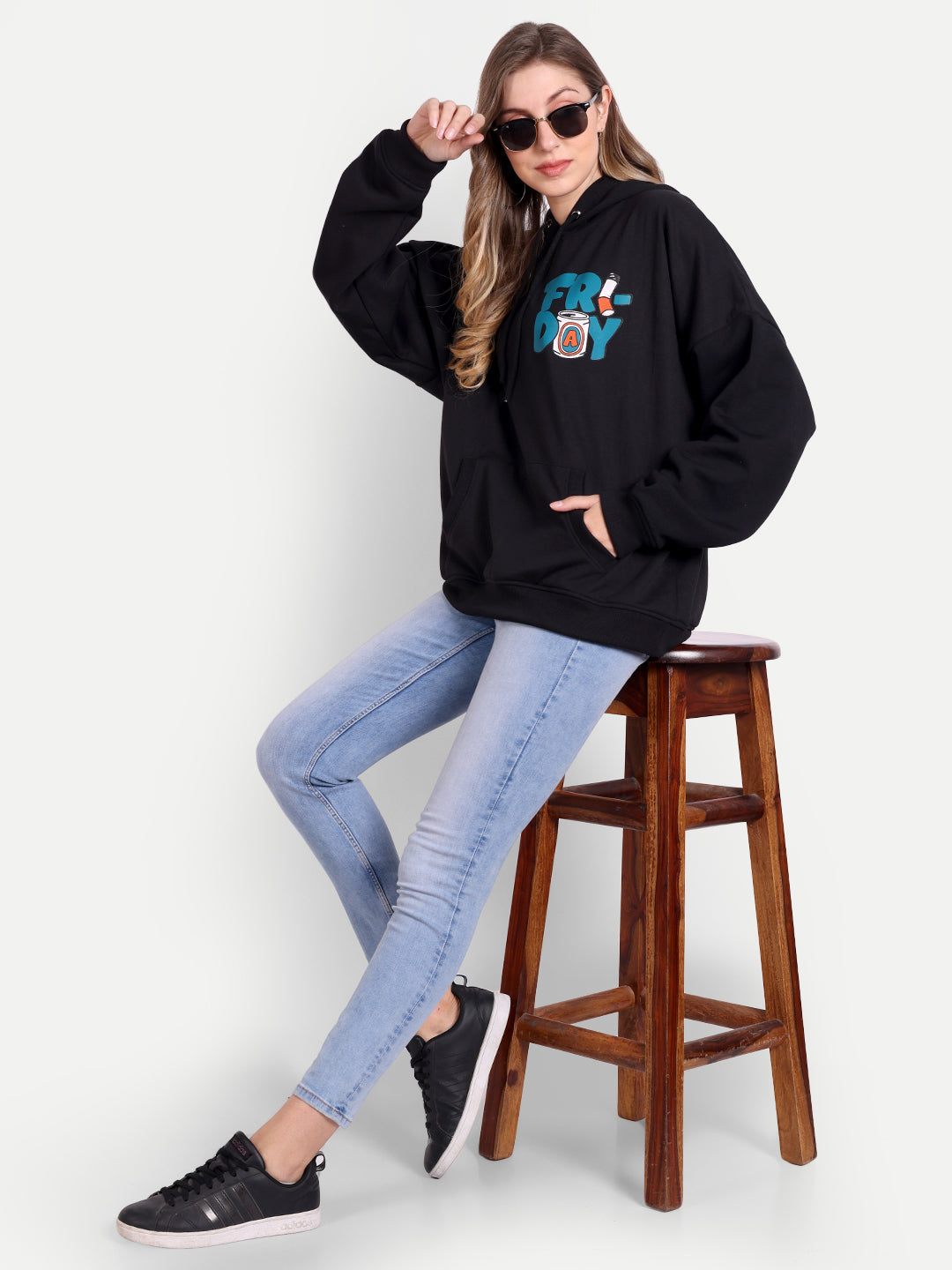Stylish Black Fleece Weekend Print Sweatshirt - Front Back