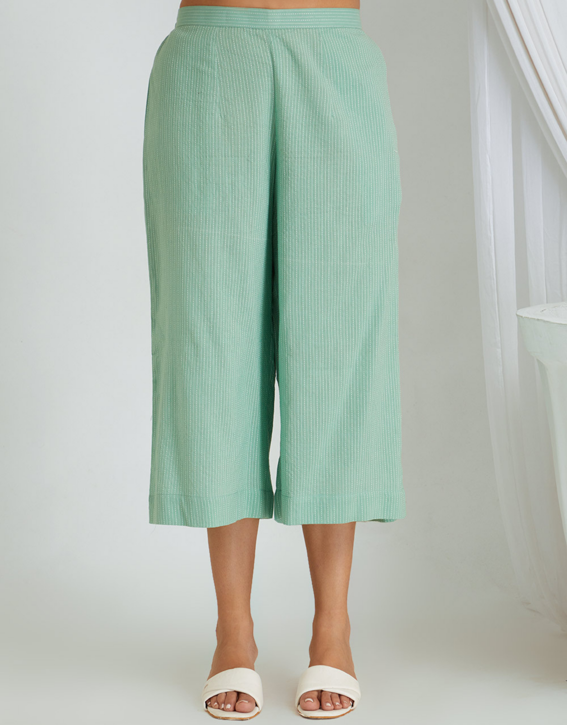 Sea Green Kantha Weaving Cotton Shrug Slip Pants Co-ord Set Collar
