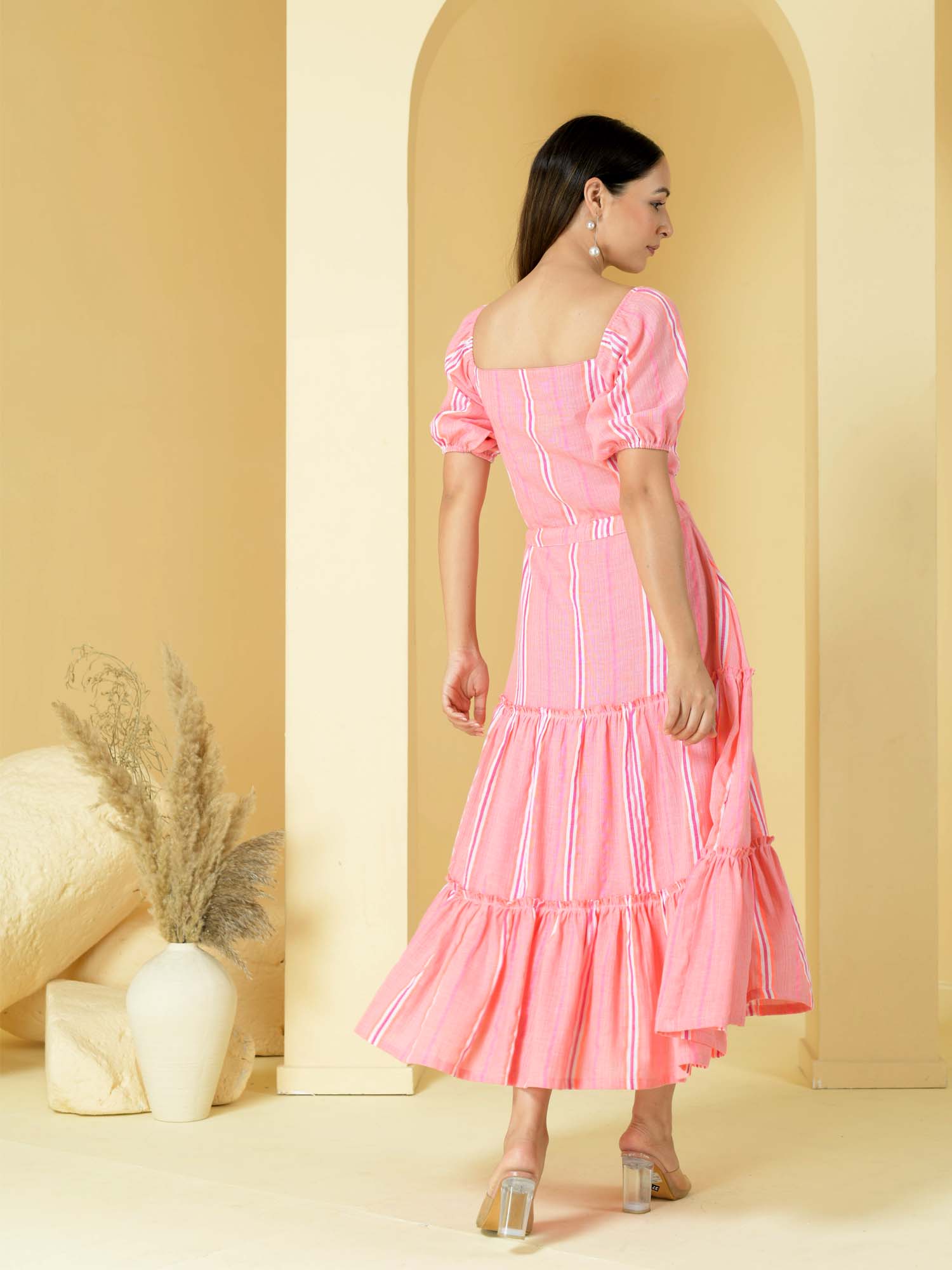 Playful Maroon Pink Cotton Striped Drawstring Dress - Florence
