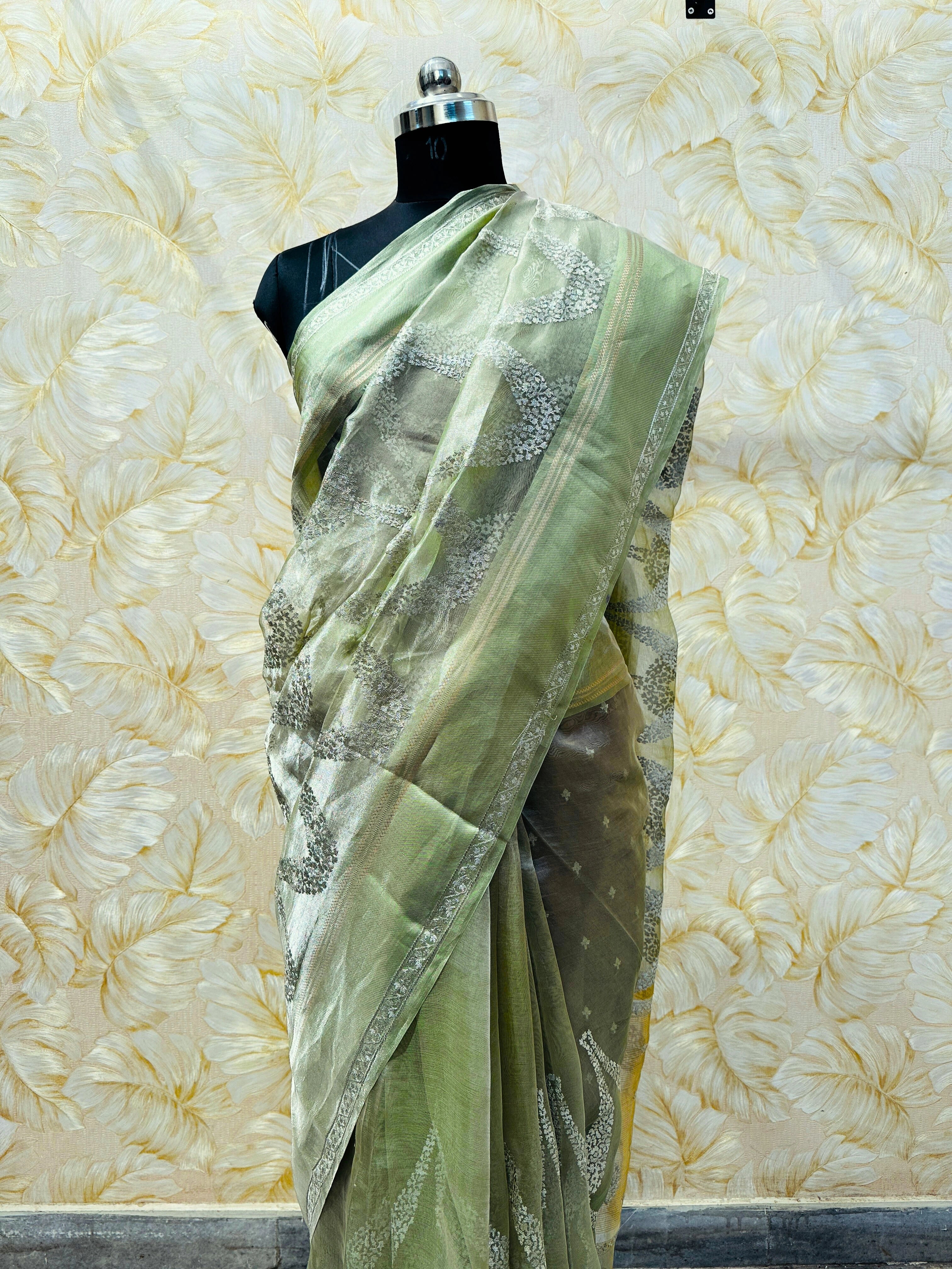 Beautiful Green Banaras Tissue Saree Silver Zari Embroidery