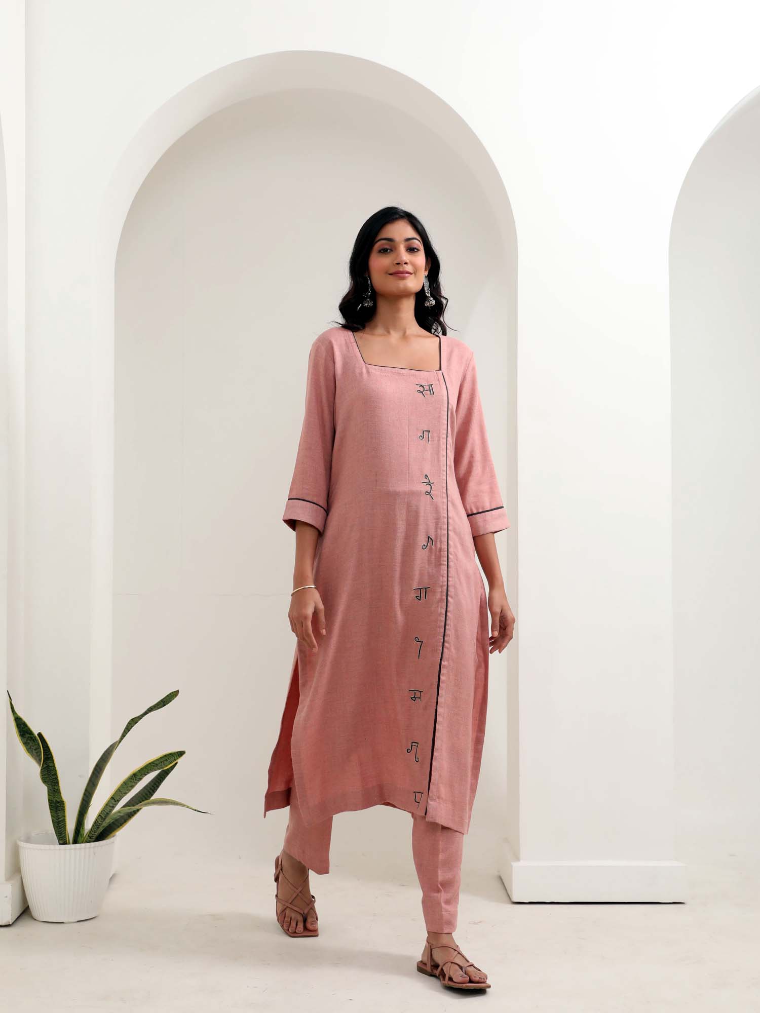 Soft Blush Pink Cotton Textured Kurta Pant Set Sargam Embroidery