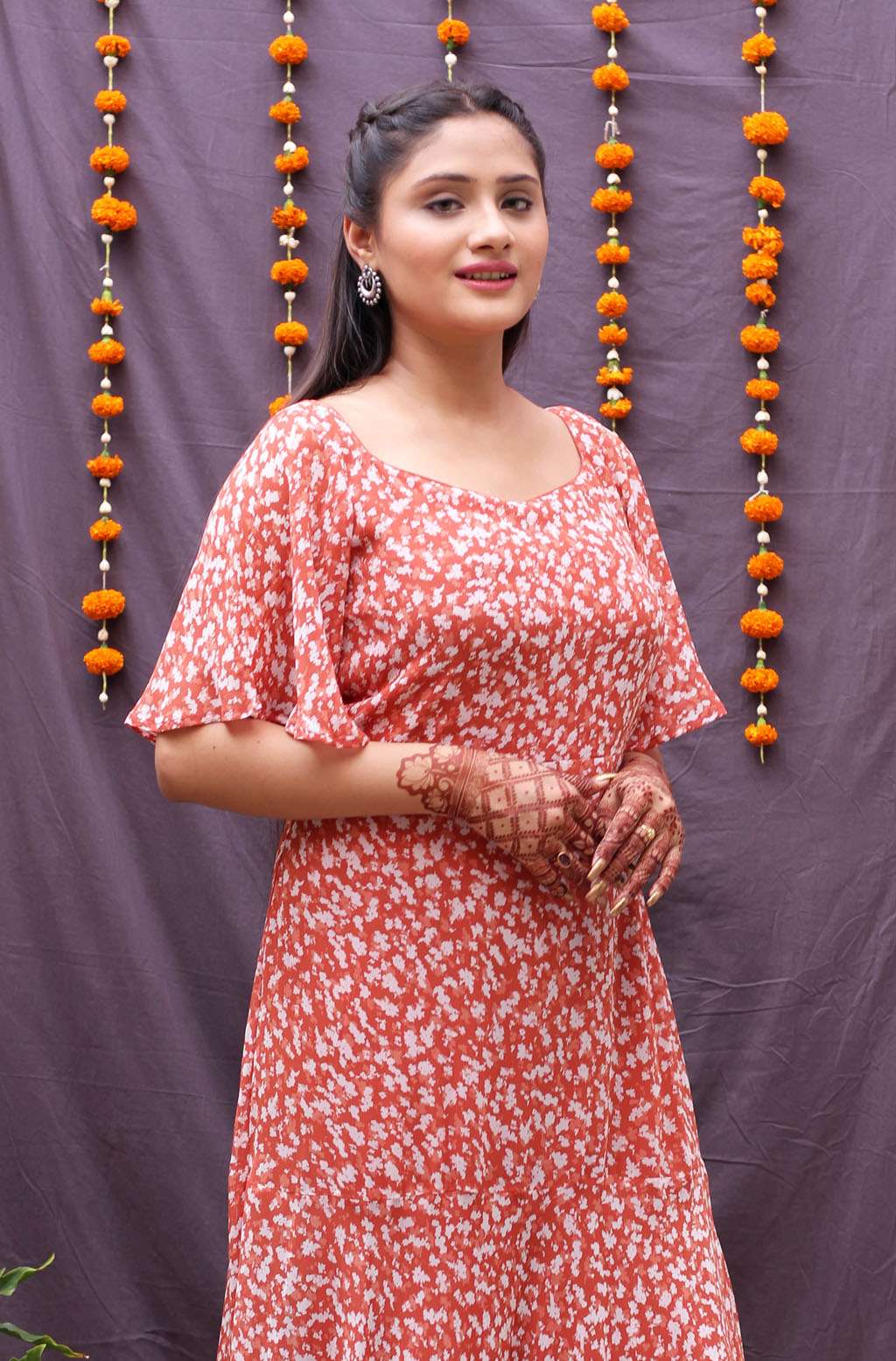 Flattering Pink Orange Georgette Sweetheart Neck Long Dress - Padma
