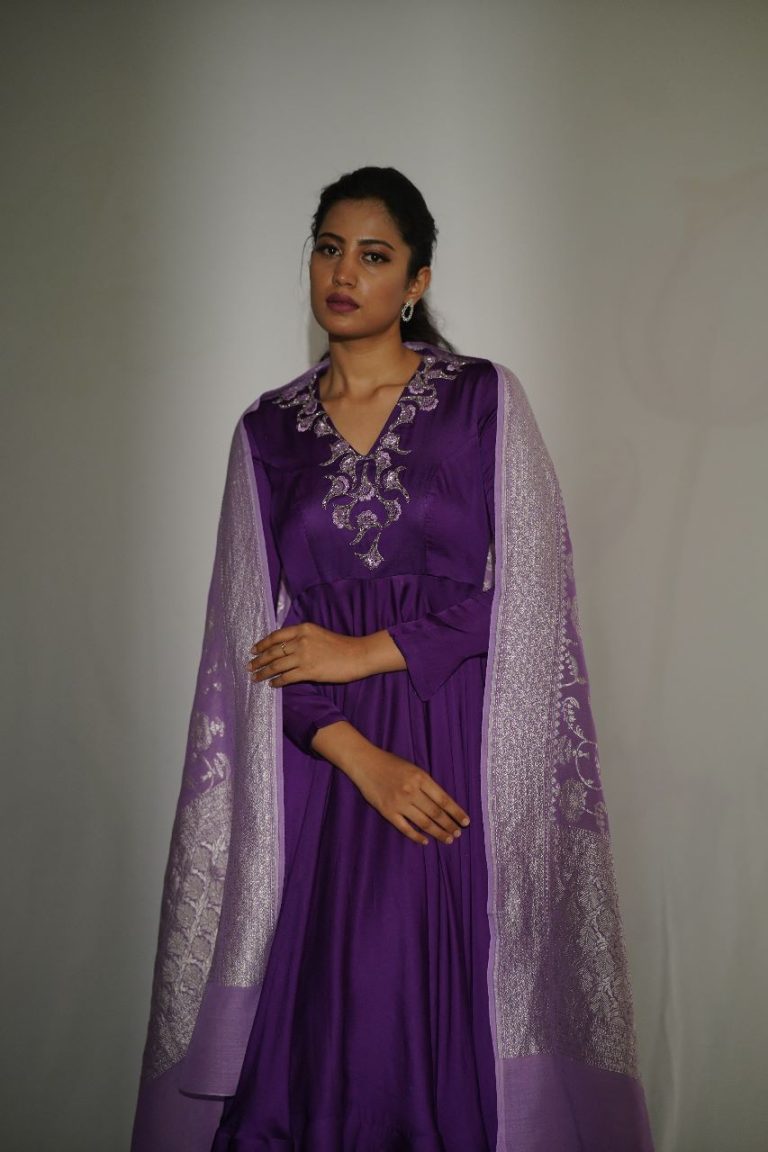 Regal Indigo Blue Violet Uppada Silk Anarkali Embroidery Dupatta
