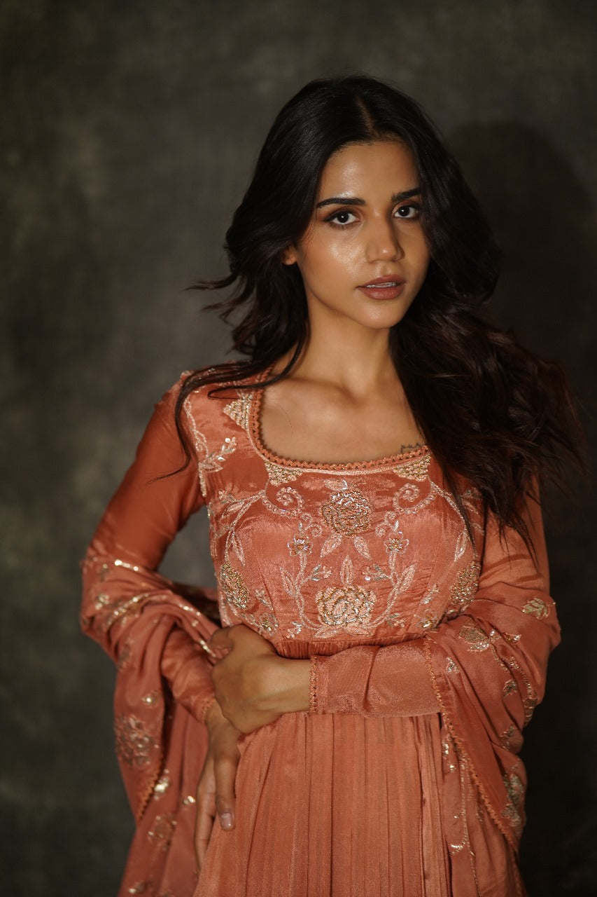Manorama Rust Orange Chiffon Anarkali with Crocia Borders - Wedding Wear