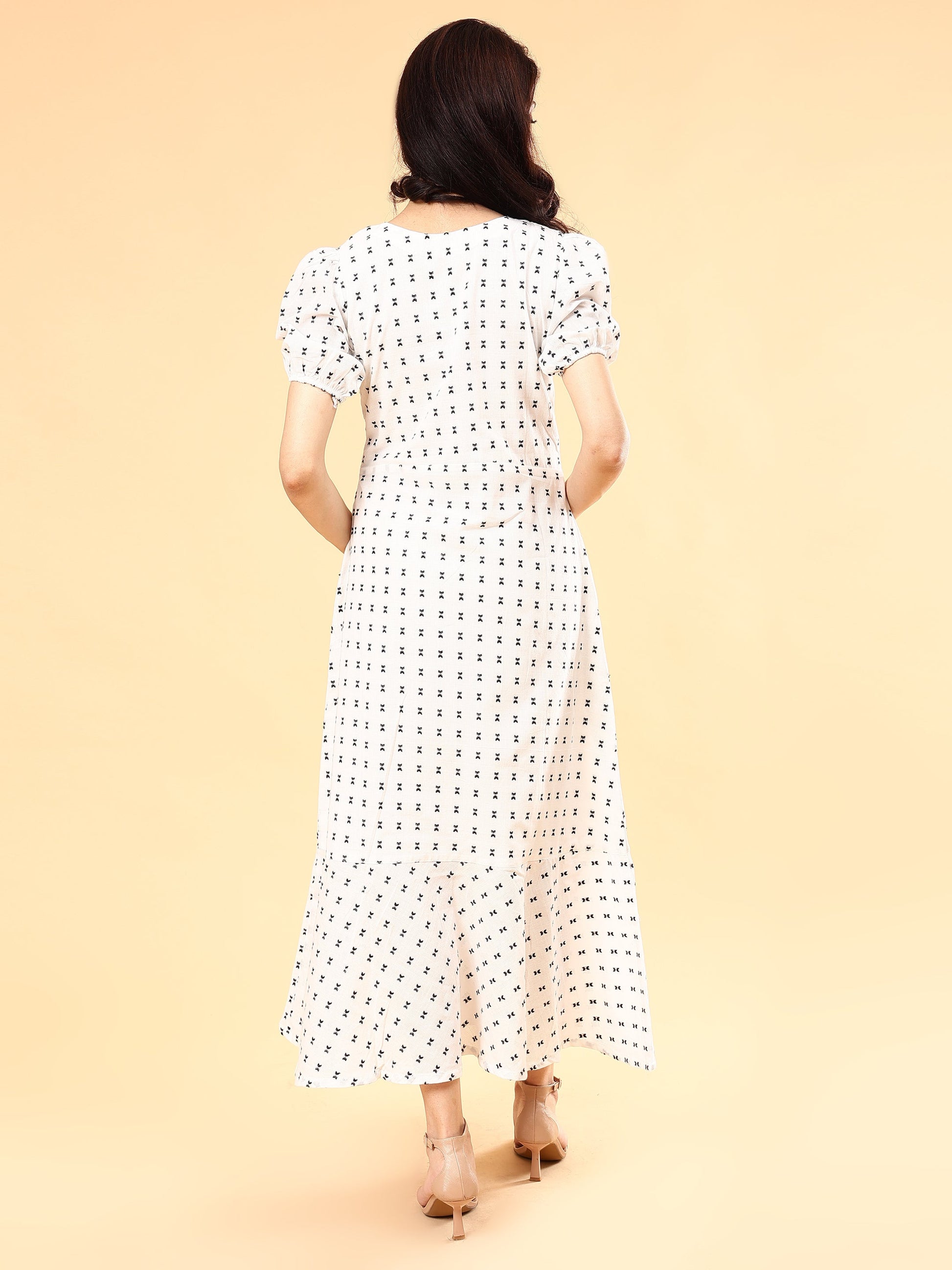 Sophisticated White Black Cotton Geometric Weave Fit Flare Dress Lace