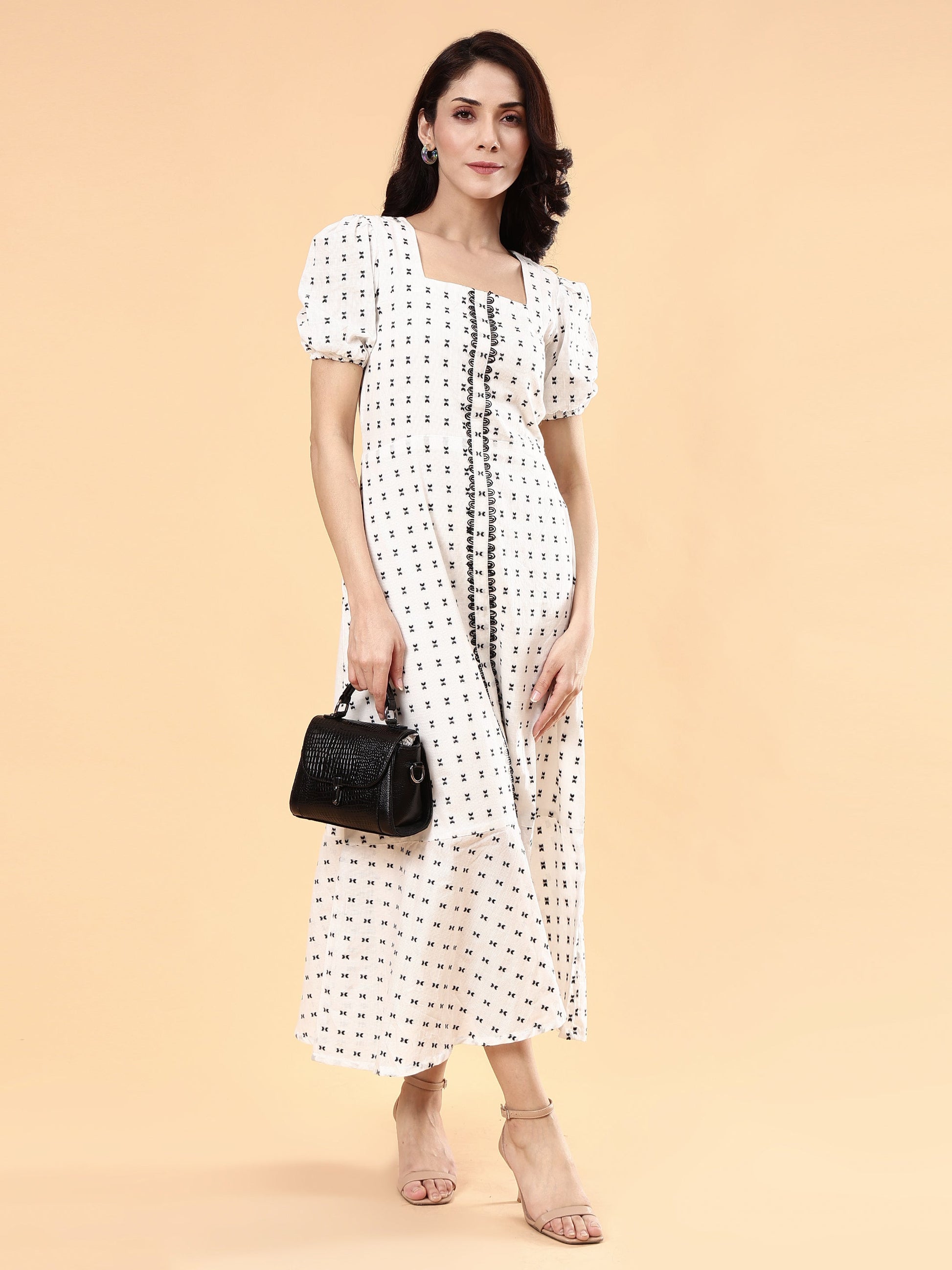 Sophisticated White Black Cotton Geometric Weave Fit Flare Dress Lace