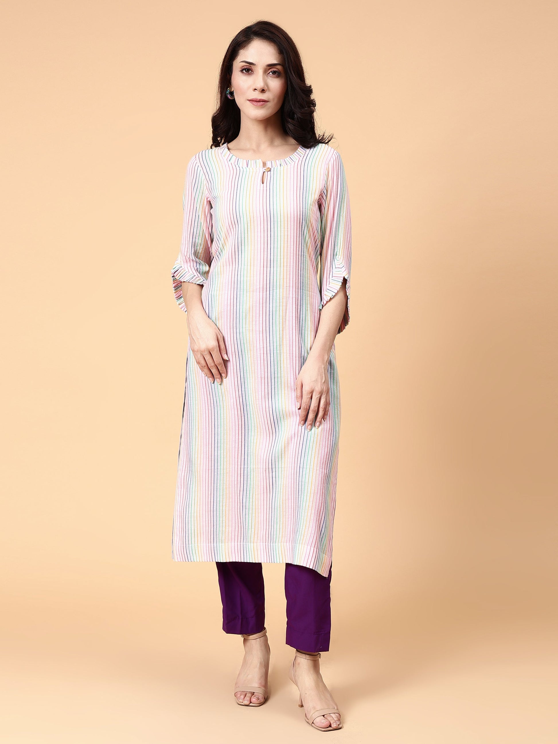 Classic Multicolor Cotton Striped Kurta Ruffle Neck Sleeves - Rainbow