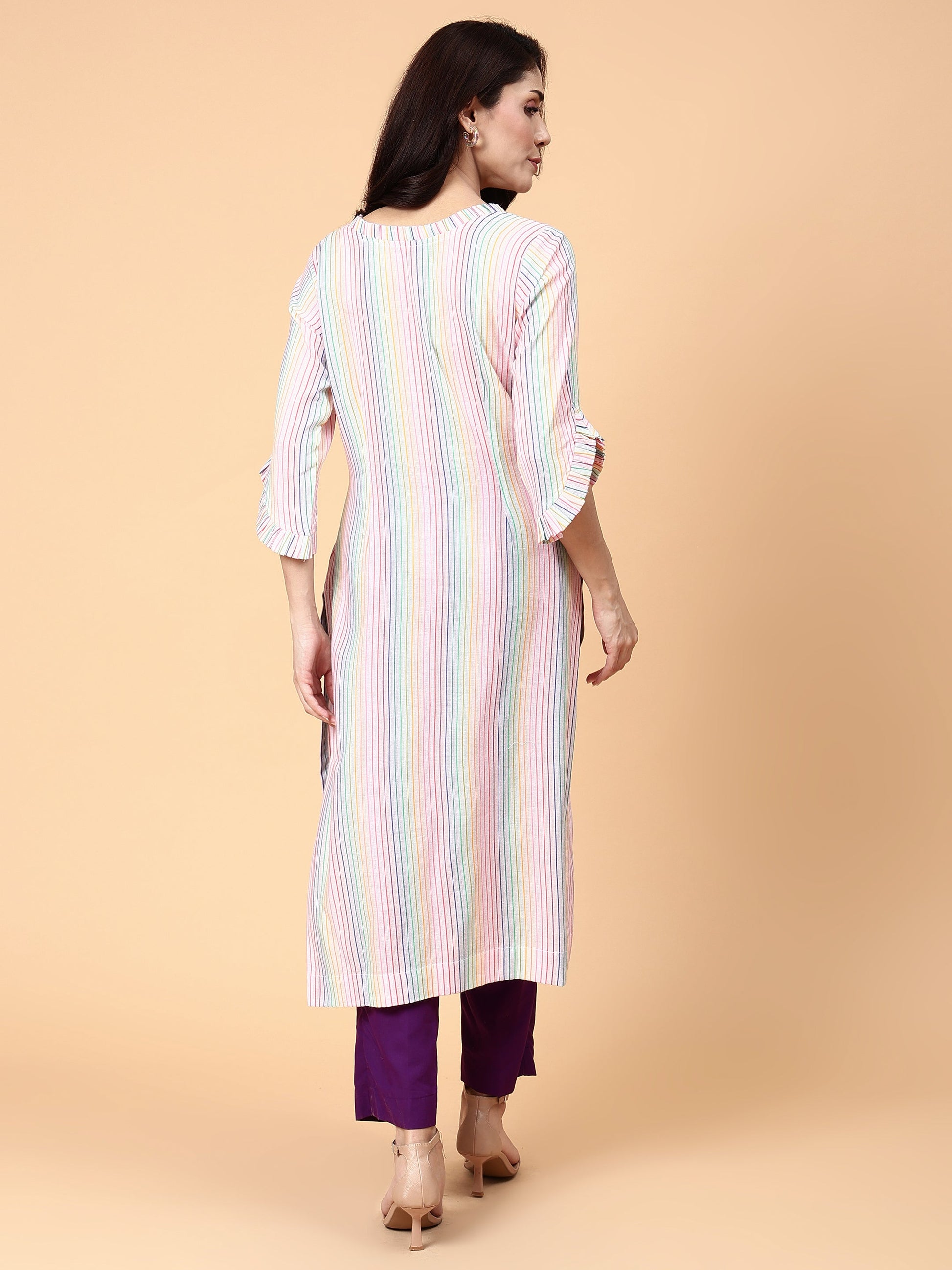 Classic Multicolor Cotton Striped Kurta Ruffle Neck Sleeves - Rainbow