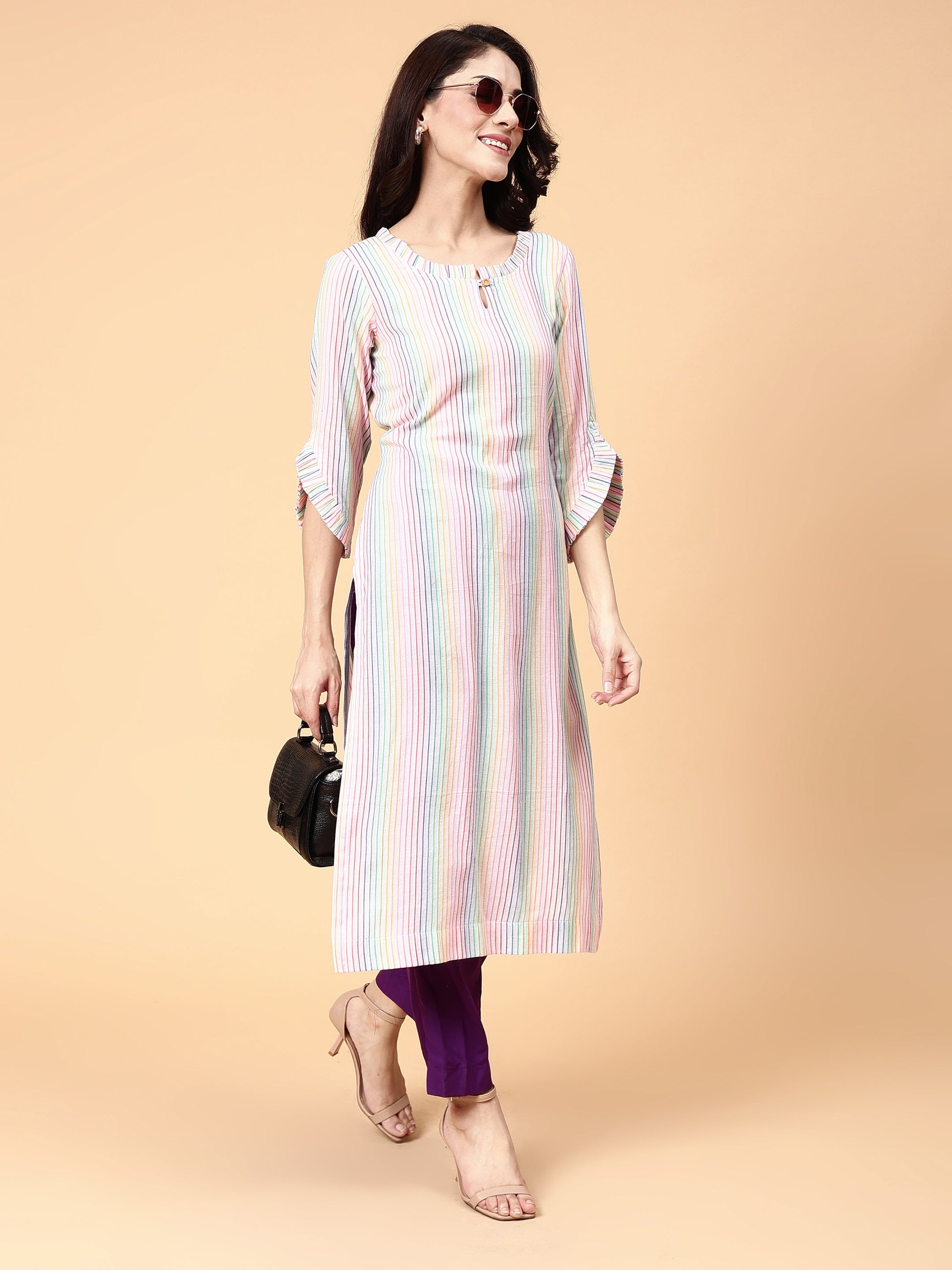 Classic Multicolor Cotton Striped Kurta Ruffle Neck Sleeves - Rainbow