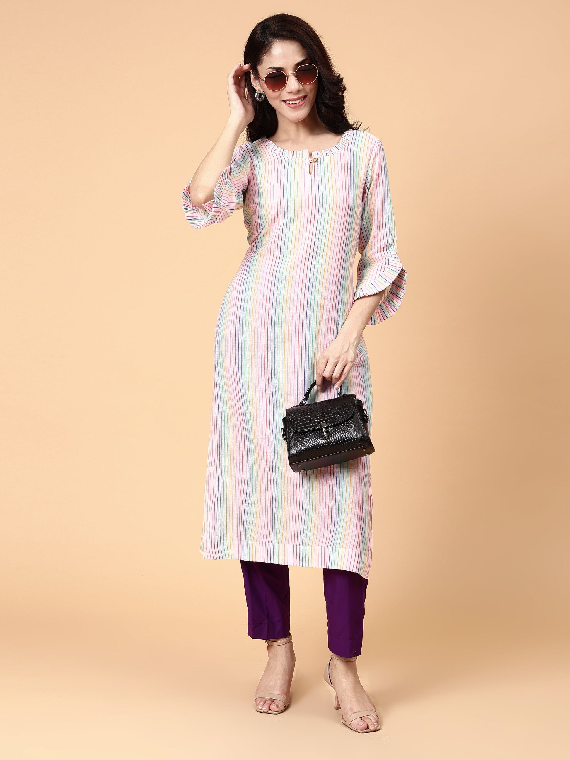 Classic Multicolor Cotton Striped Kurta Ruffle Neck Sleeves - Rainbow