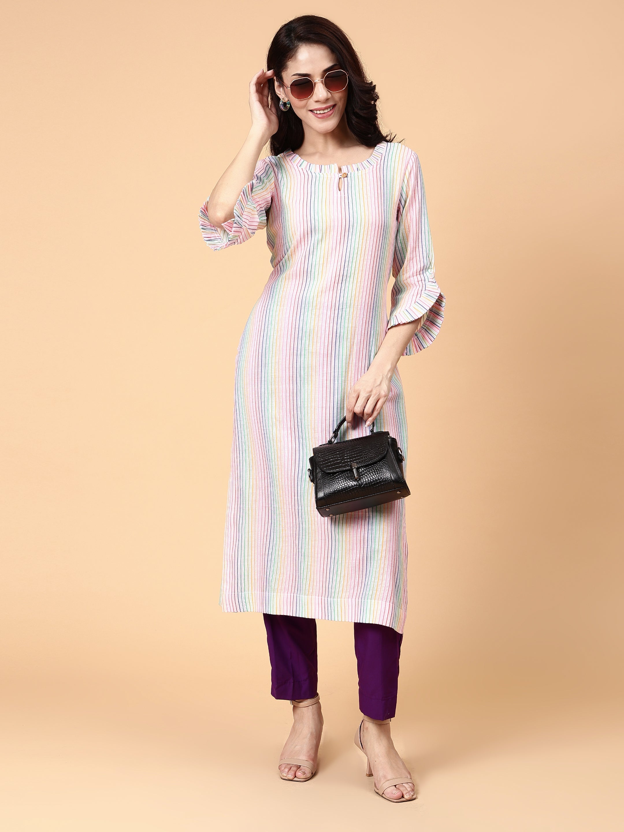 Classic Multicolor Cotton Striped Kurta Ruffle Neck Sleeves - Rainbow