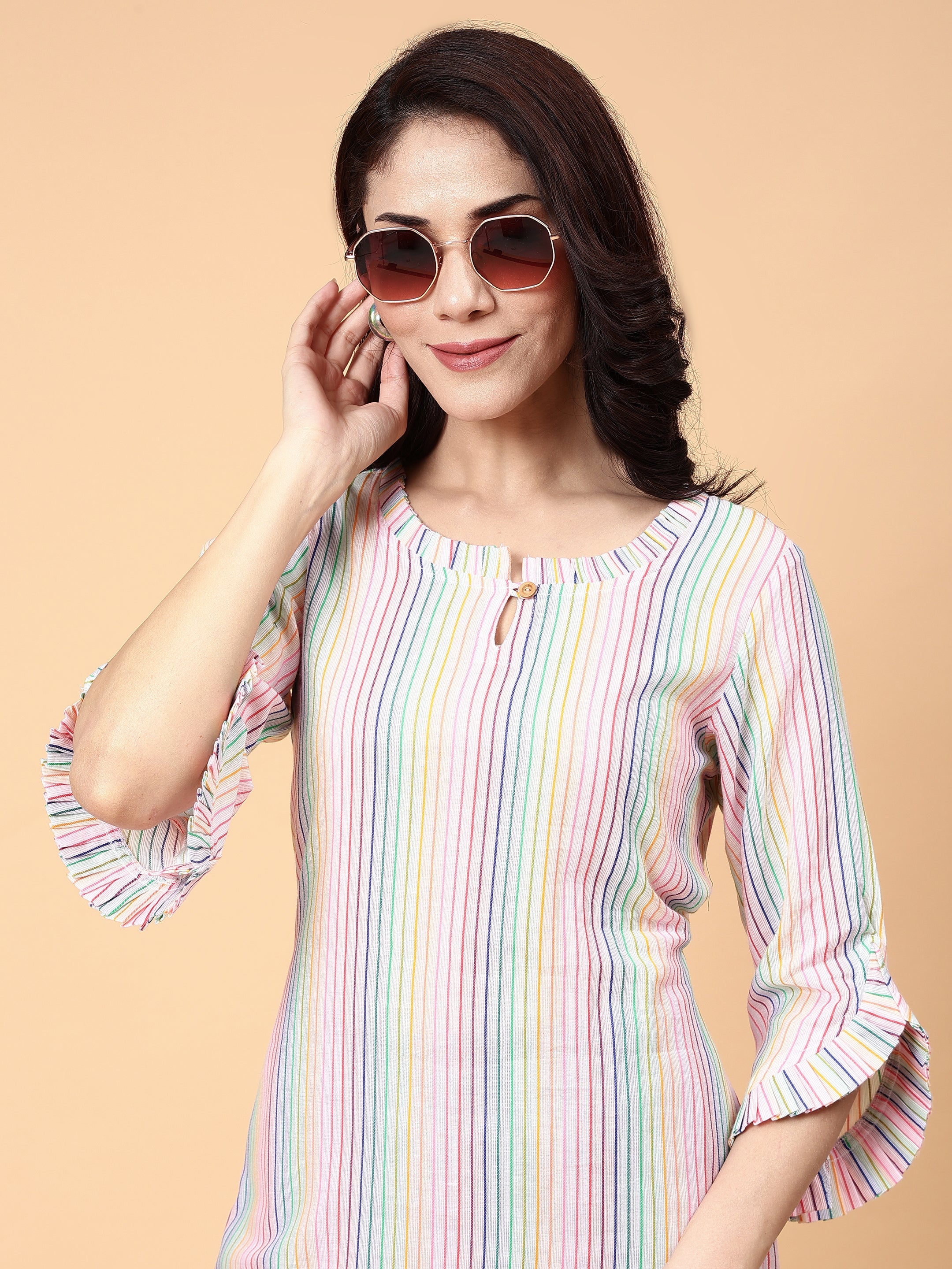 Classic Multicolor Cotton Striped Kurta Ruffle Neck Sleeves - Rainbow