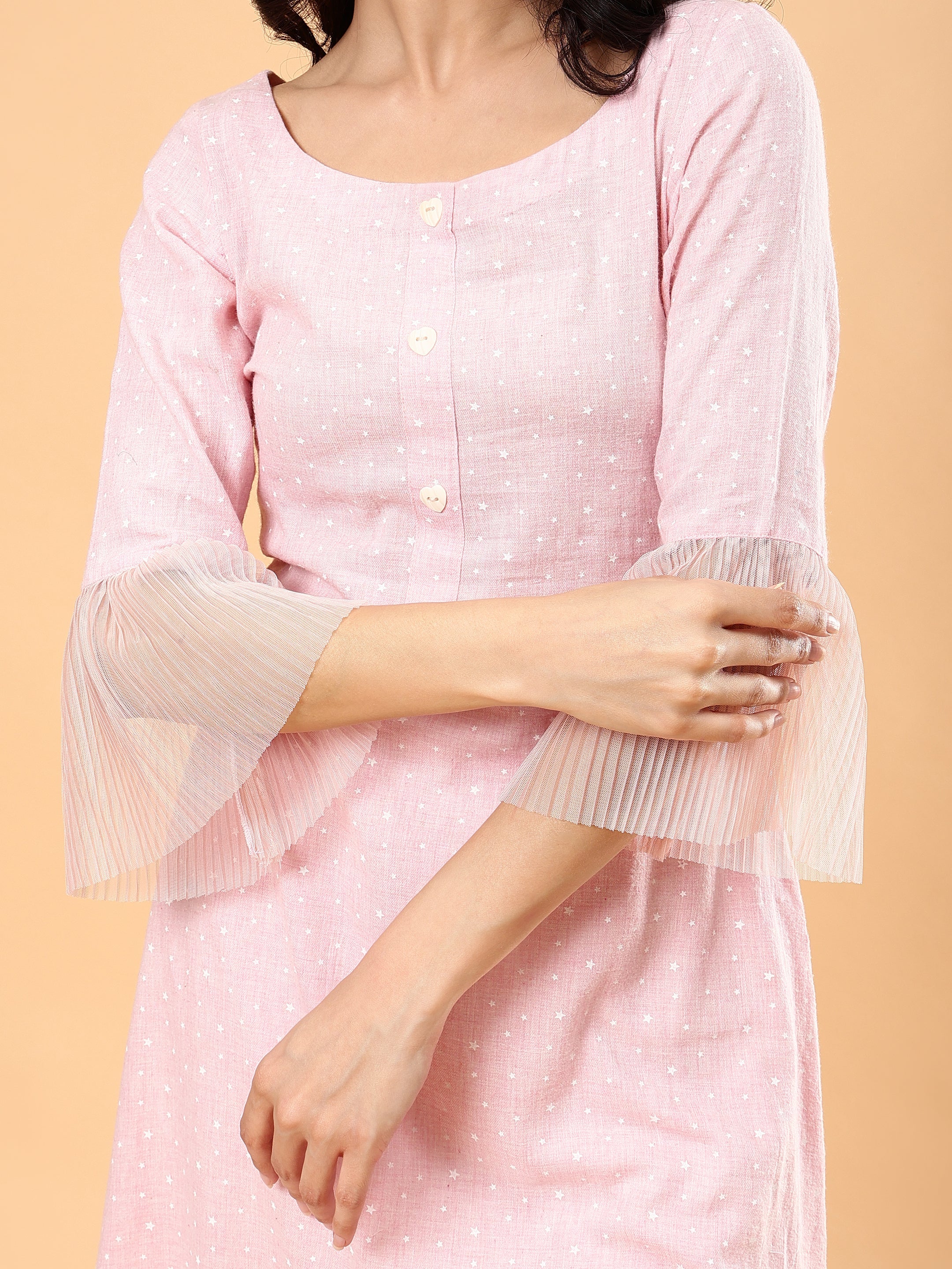 Luxurious Baby Pink White Cotton Heart Print Kurta Pant Set - Te Amo