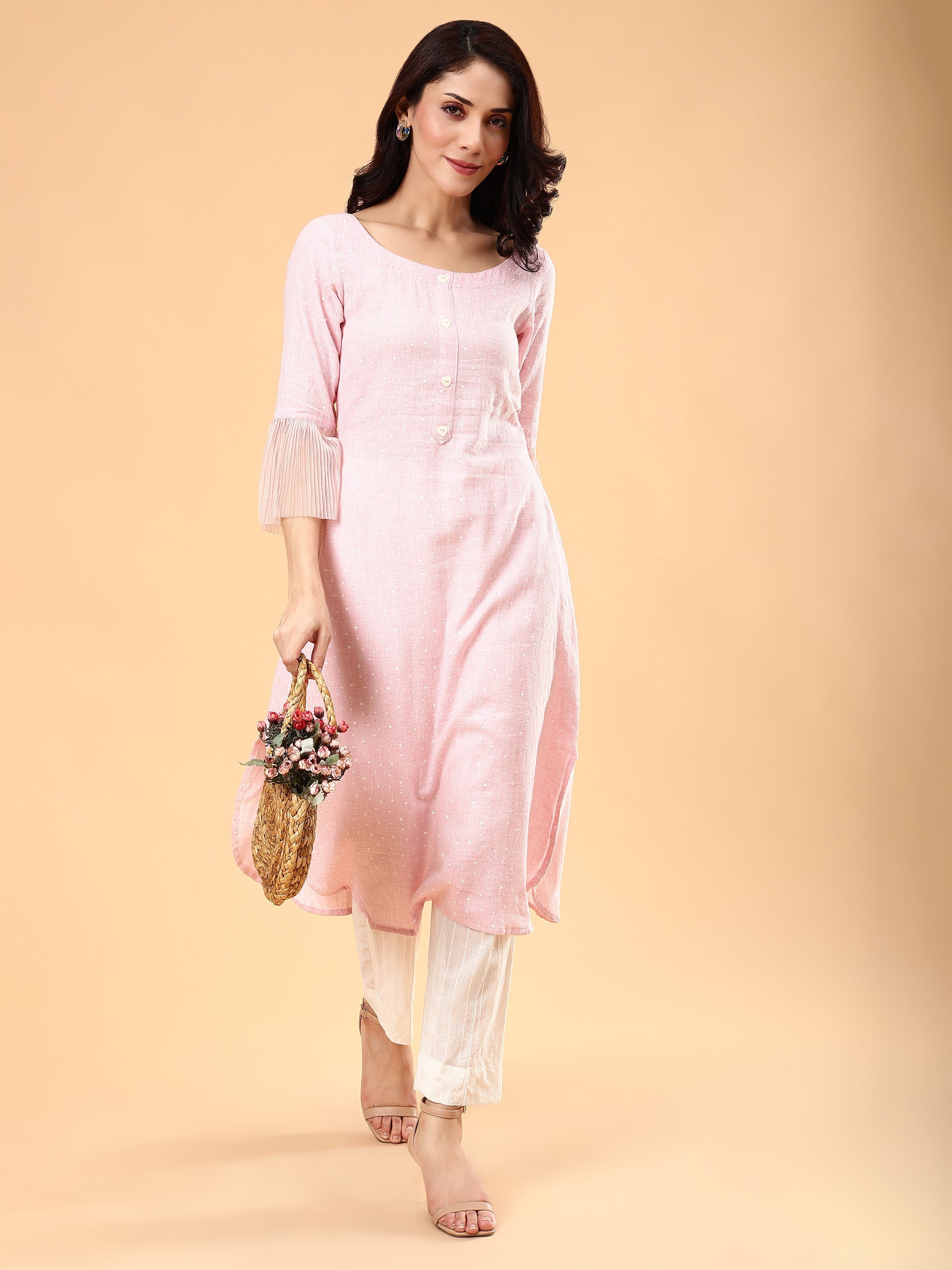 Luxurious Baby Pink White Cotton Heart Print Kurta Pant Set - Te Amo
