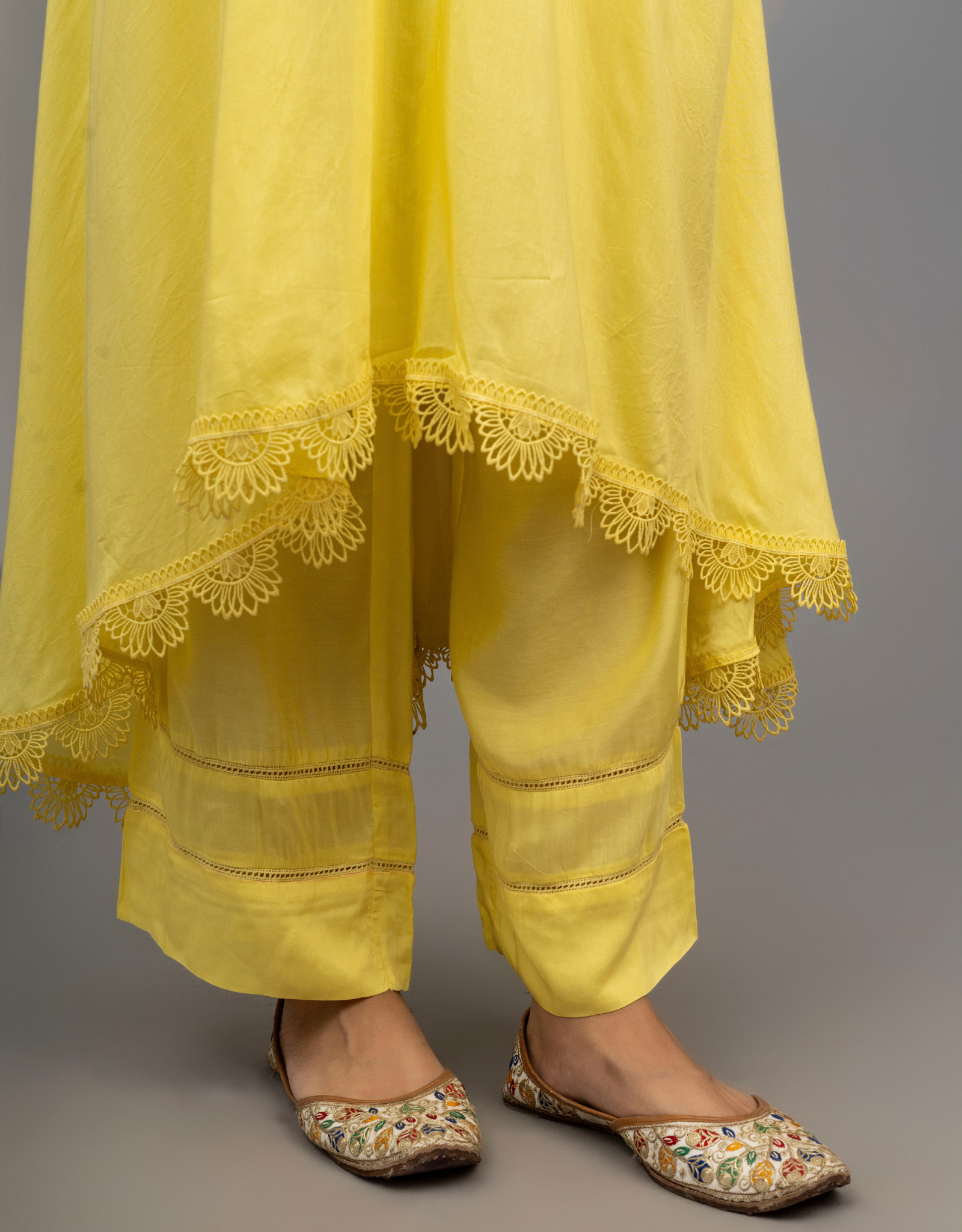 Yellow Cotton Silk Gathered A-line Angrakha Kurta Pants Lace