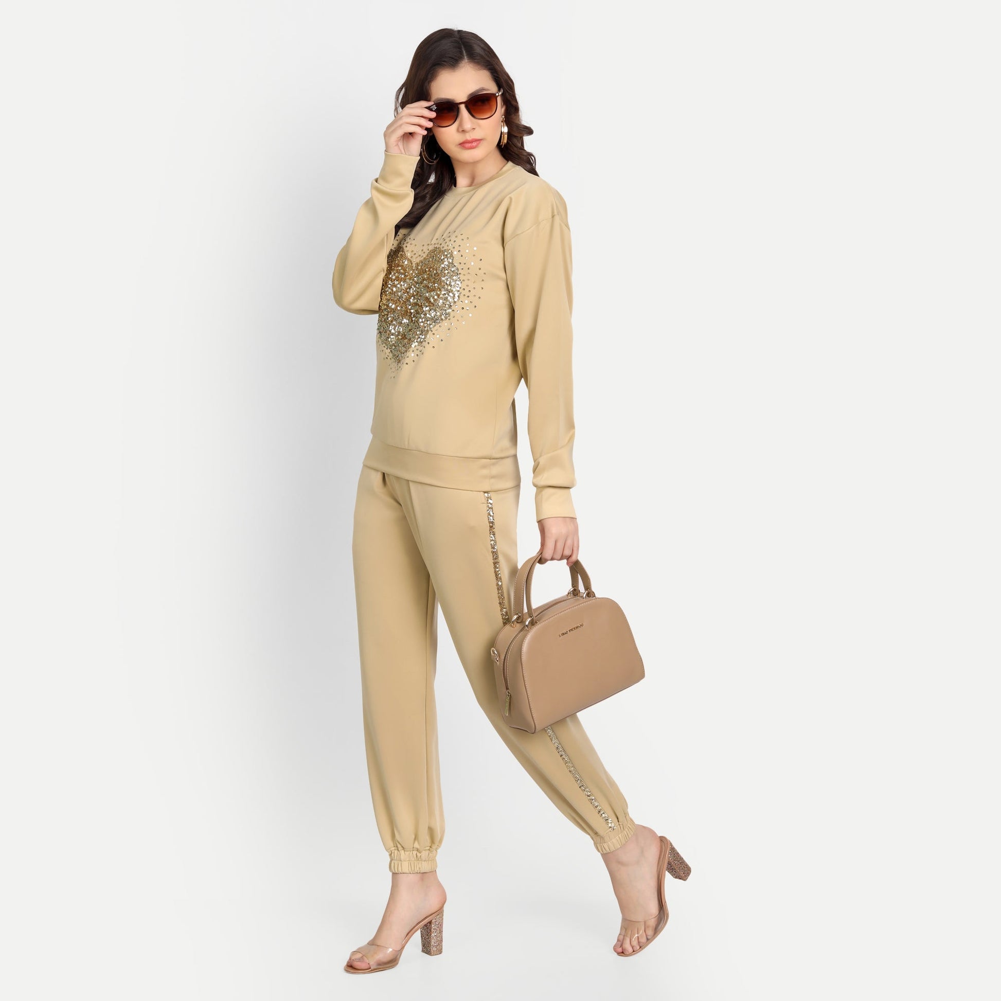 Warm Beige Fleece Golden Heart Loungewear Coord Set