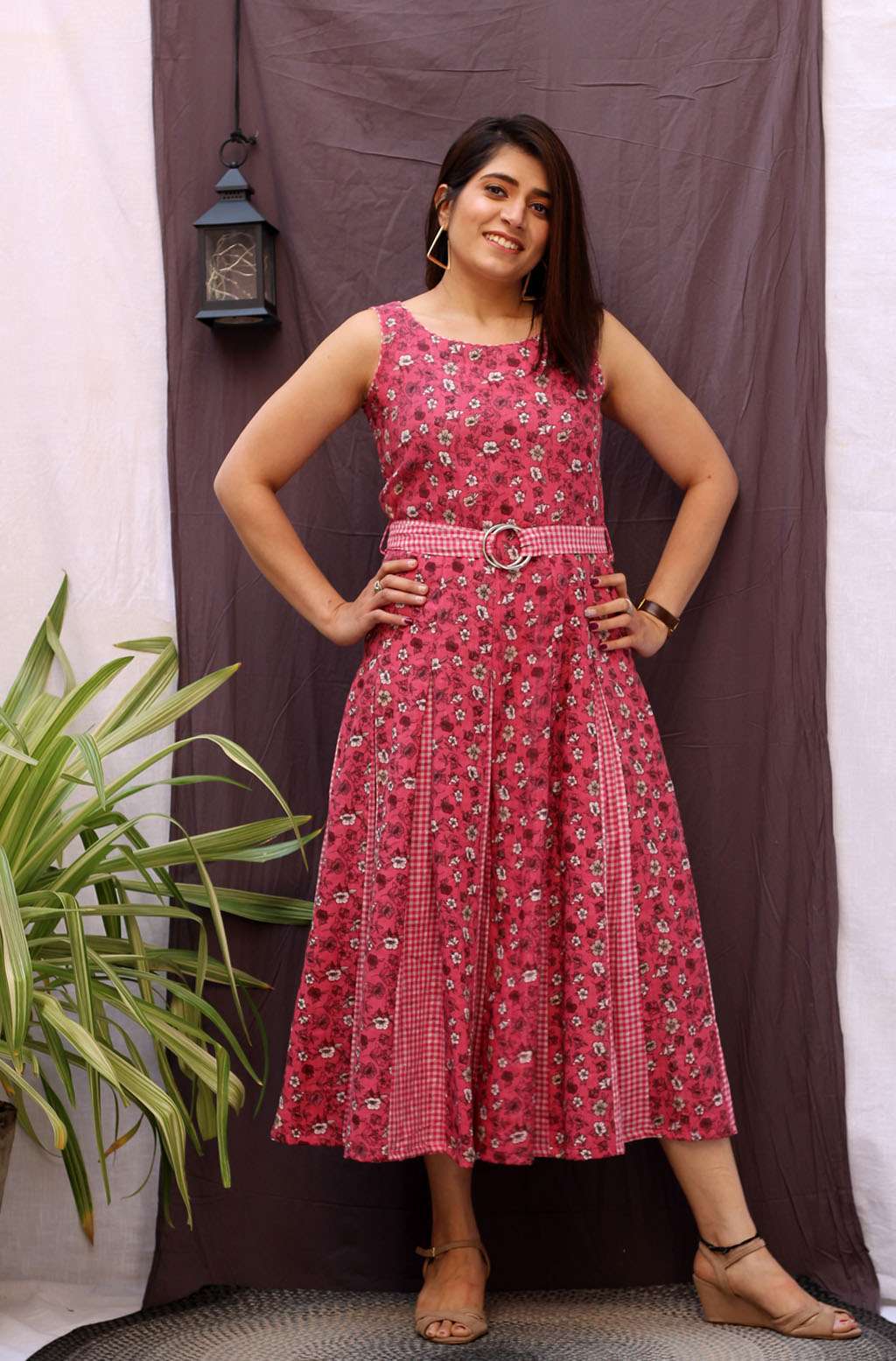 Comfy Red Pink Cotton Floral Print Dress Checked Detail - Rosaline