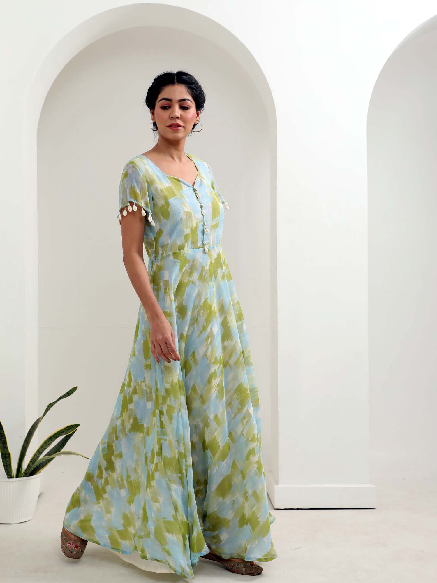 Vibrant Green Multicolor Chiffon Brushstroke Print Flared Dress - Paradise