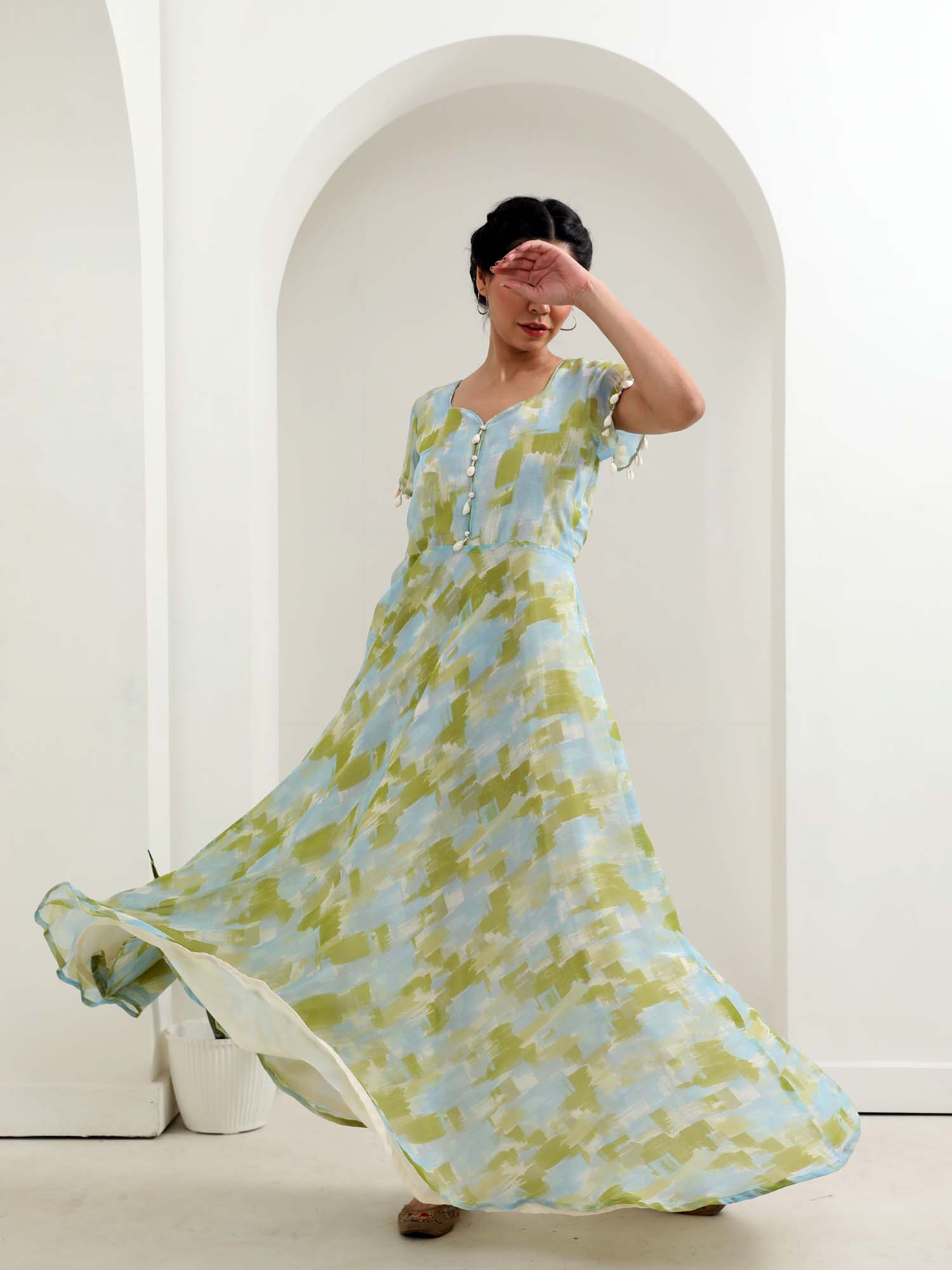 Vibrant Green Multicolor Chiffon Brushstroke Print Flared Dress - Paradise