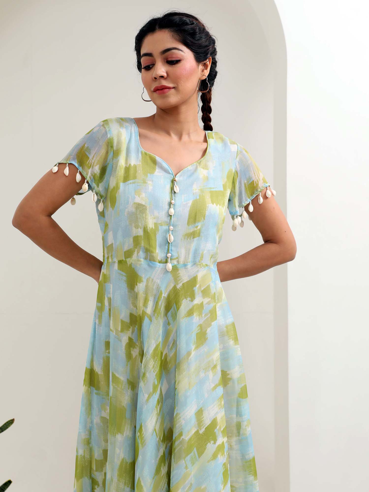 Vibrant Green Multicolor Chiffon Brushstroke Print Flared Dress - Paradise