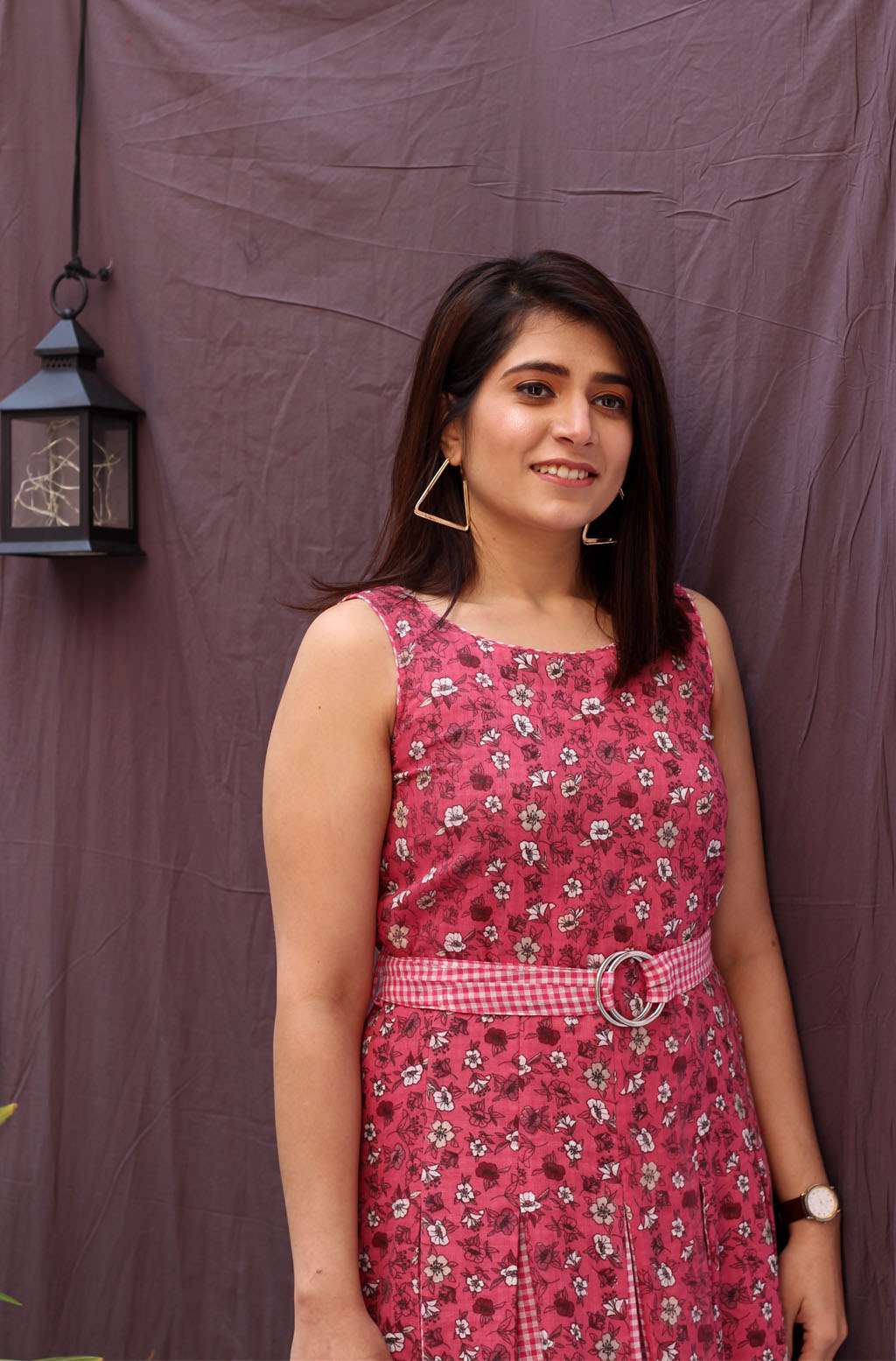 Comfy Red Pink Cotton Floral Print Dress Checked Detail - Rosaline