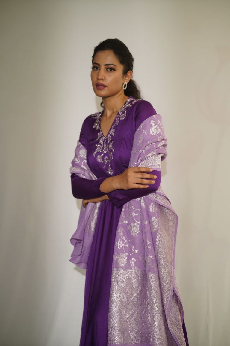 Regal Indigo Blue Violet Uppada Silk Anarkali Embroidery Dupatta
