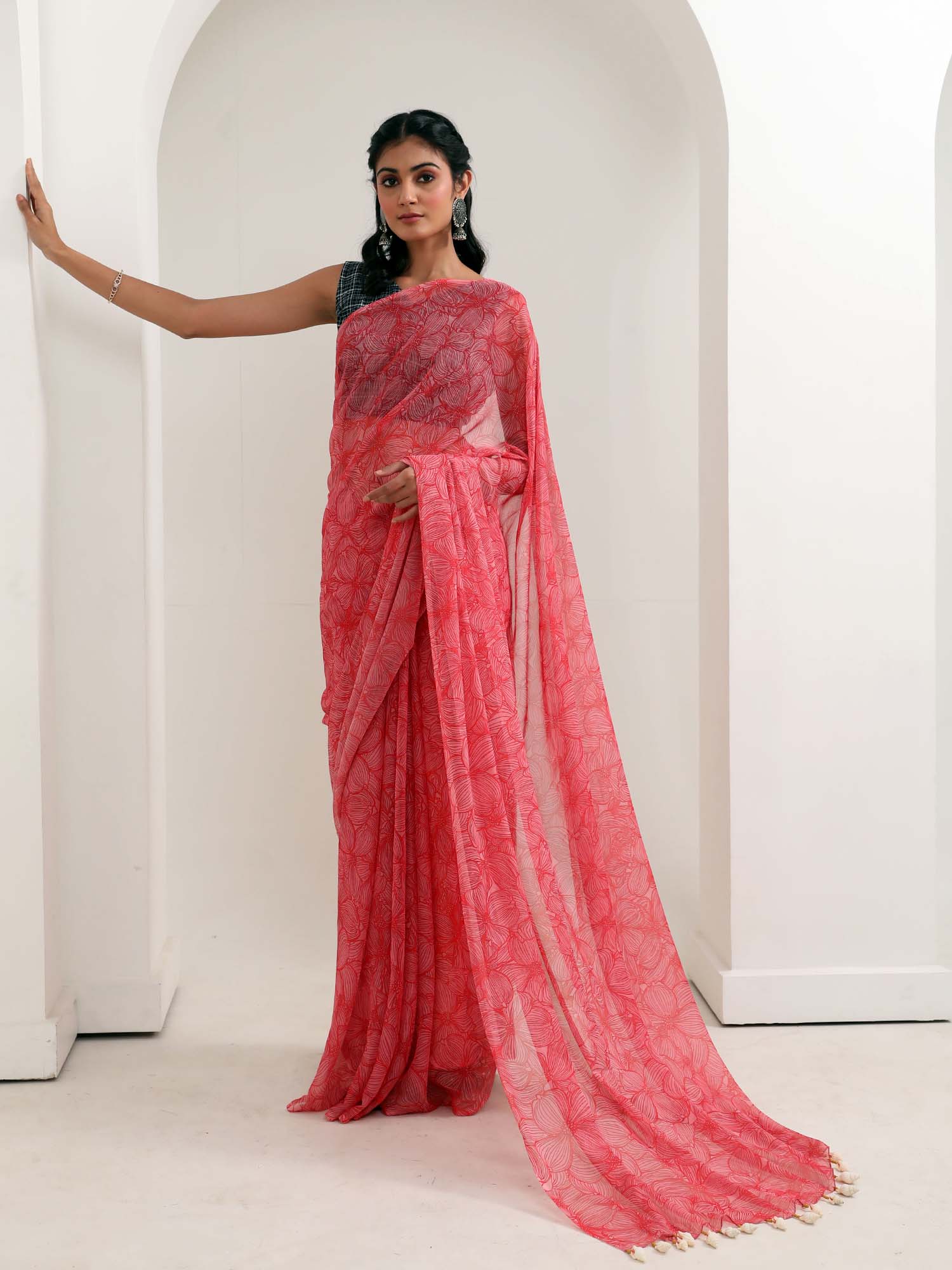 Beautiful Red Chiffon Floral Print Saree Blue Rayon Blouse - Poppy