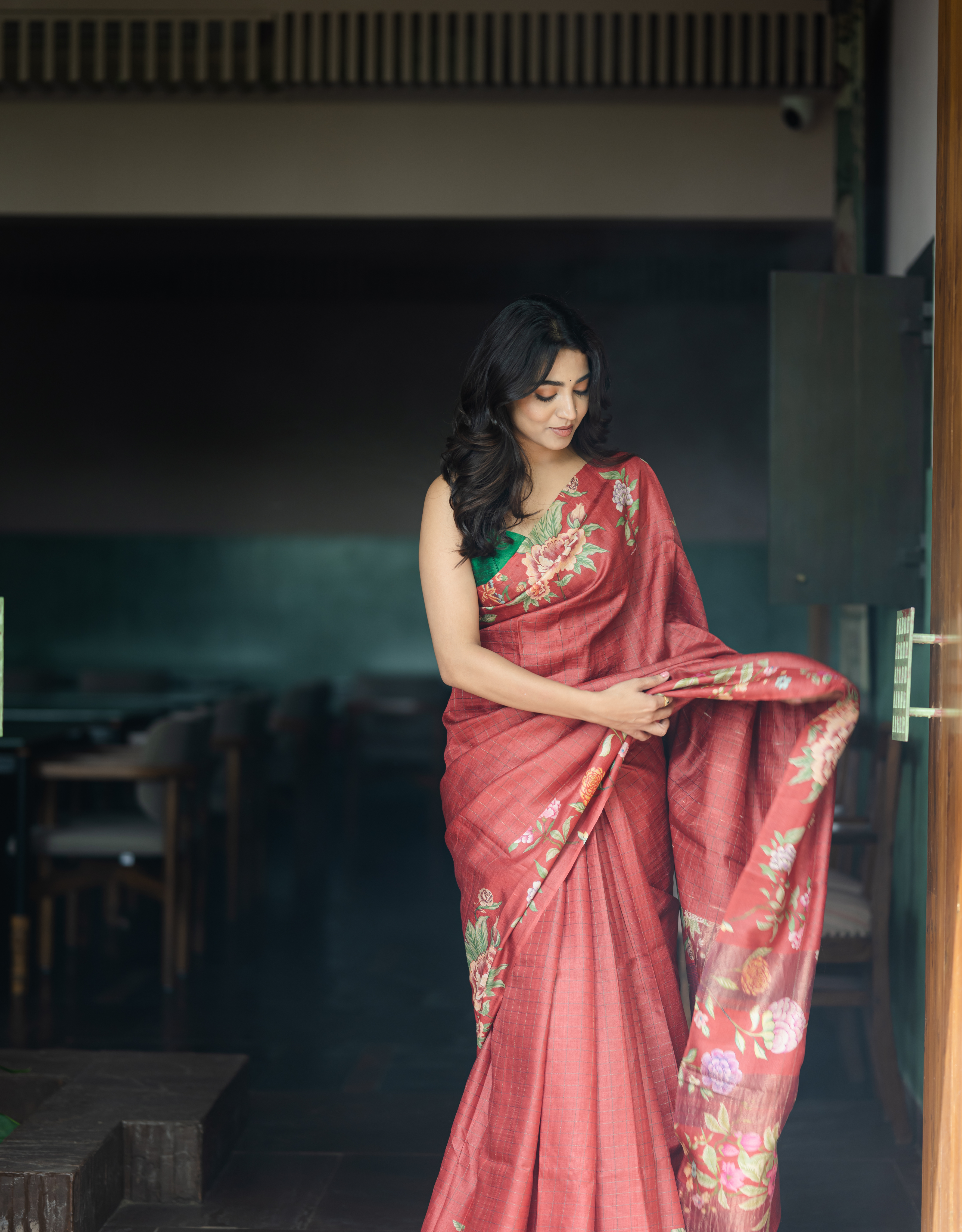 Crimson Red Tussar Silk Saree Checkered Floral Printed Border