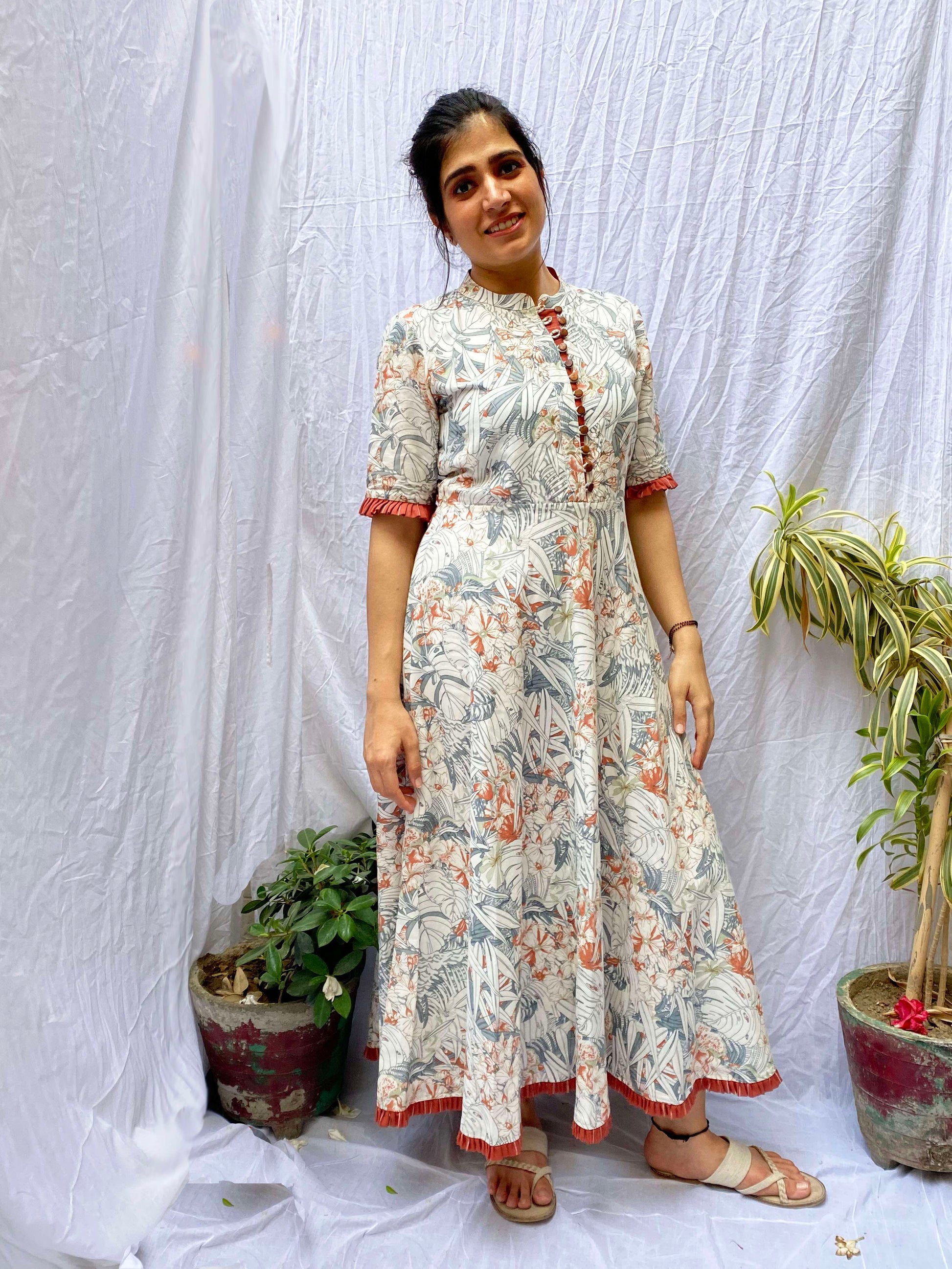 Ethereal White Linen Foliage Print Frill Dress - Curly Willow