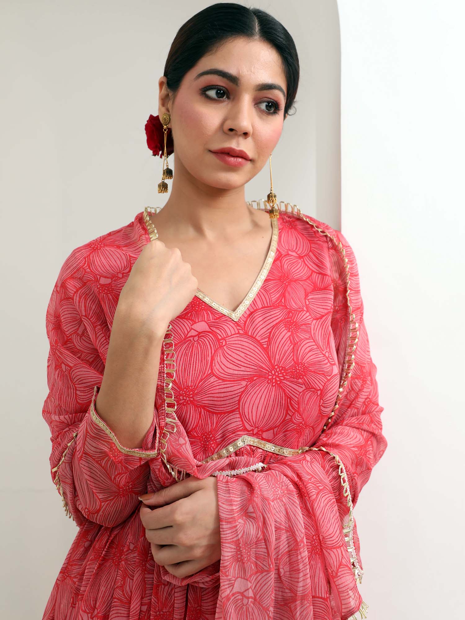 Festive Red Pink Grey Chiffon Floral Print Anarkali Suit Set - Gulab