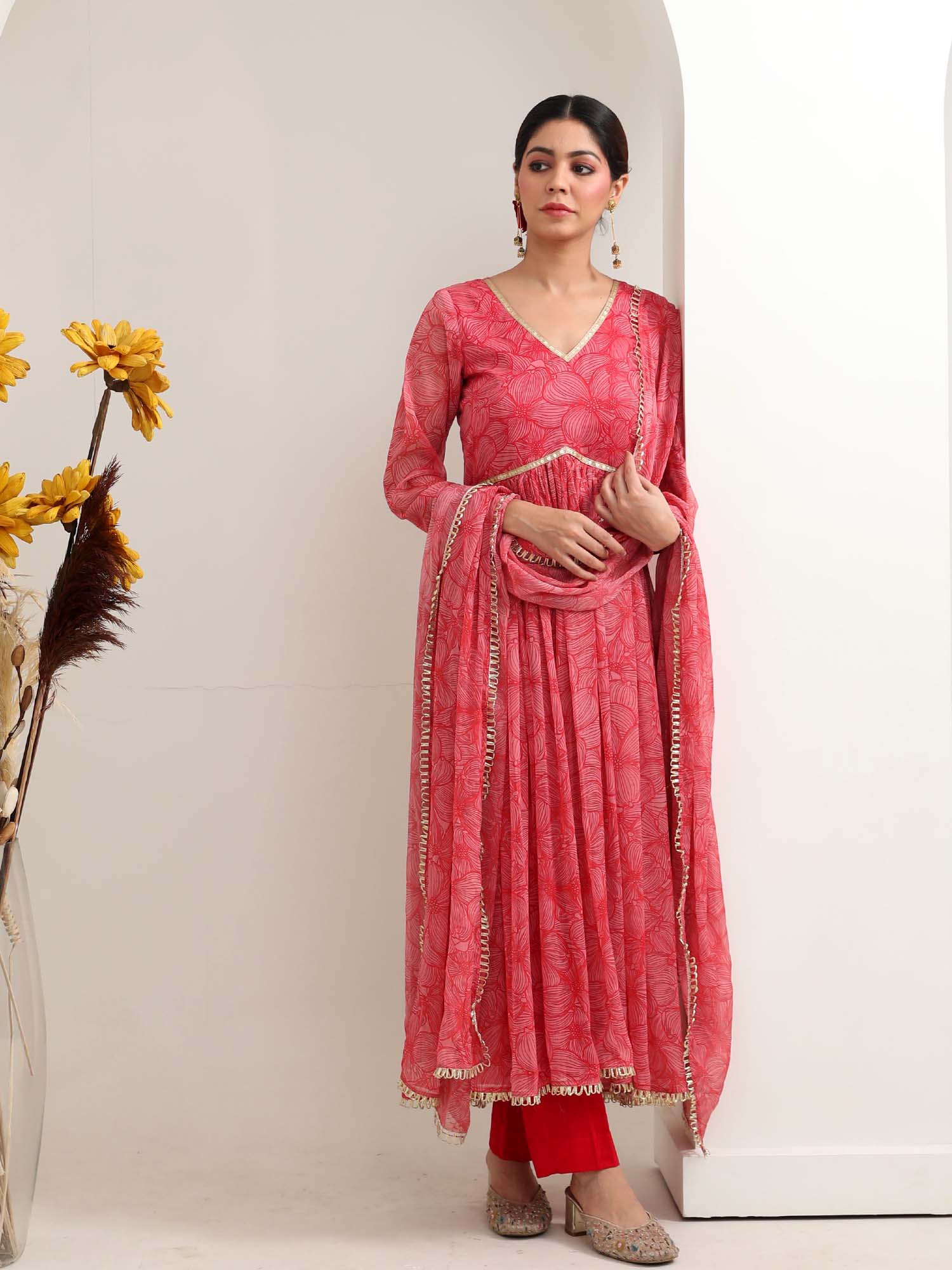 Festive Red Pink Grey Chiffon Floral Print Anarkali Suit Set - Gulab