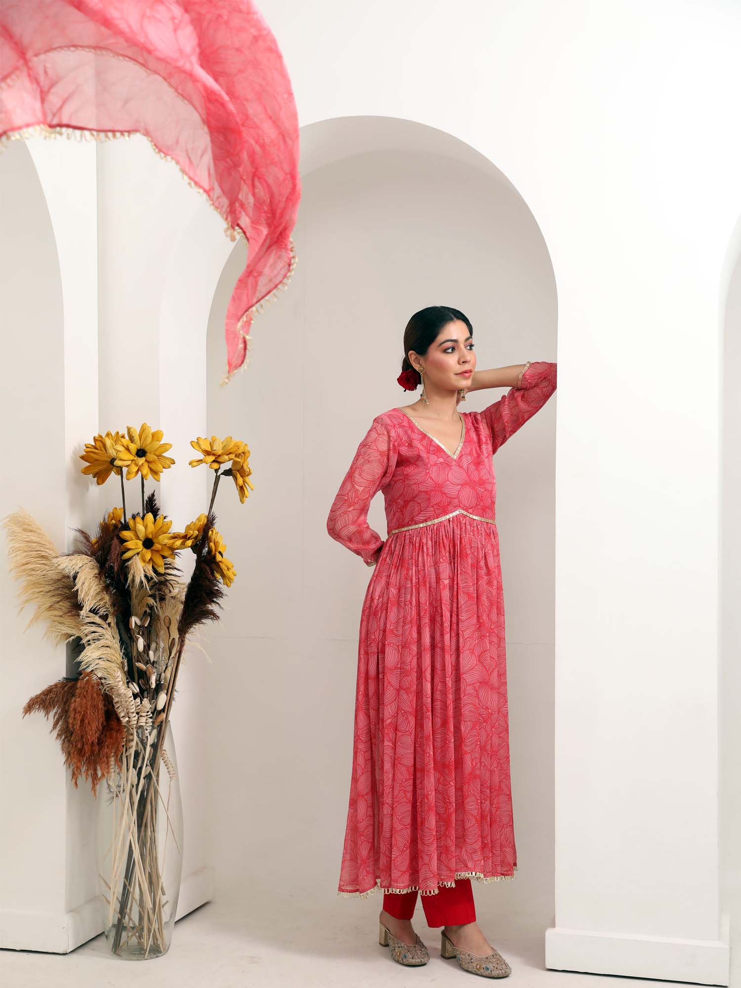 Festive Red Pink Grey Chiffon Floral Print Anarkali Suit Set - Gulab