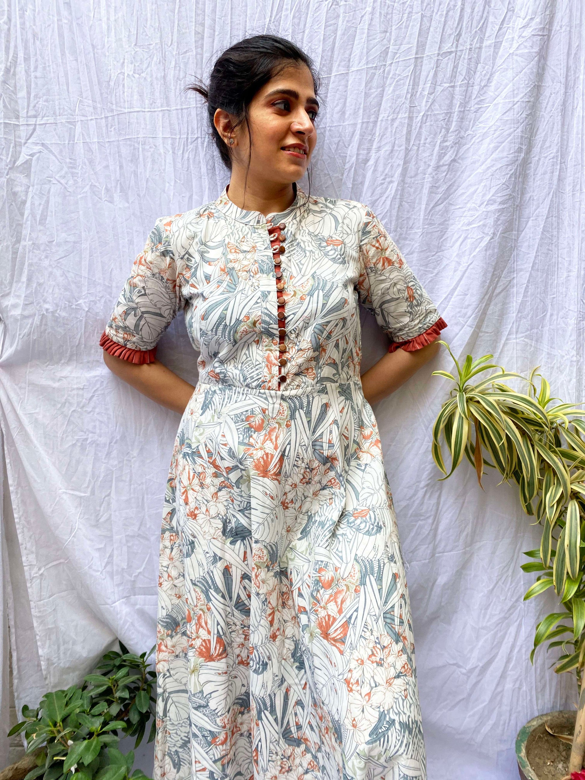 Ethereal White Linen Foliage Print Frill Dress - Curly Willow