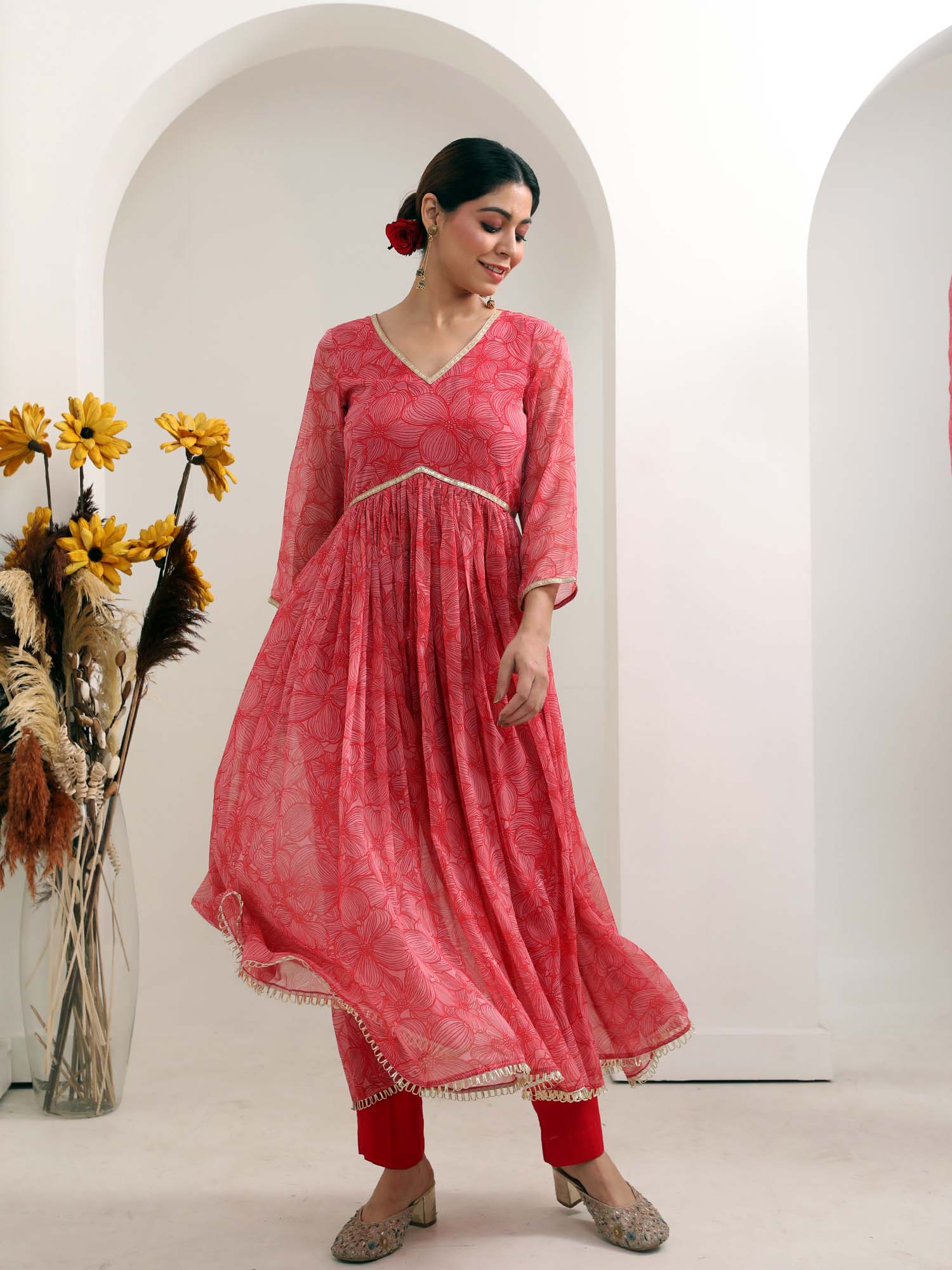 Festive Red Pink Grey Chiffon Floral Print Anarkali Suit Set - Gulab