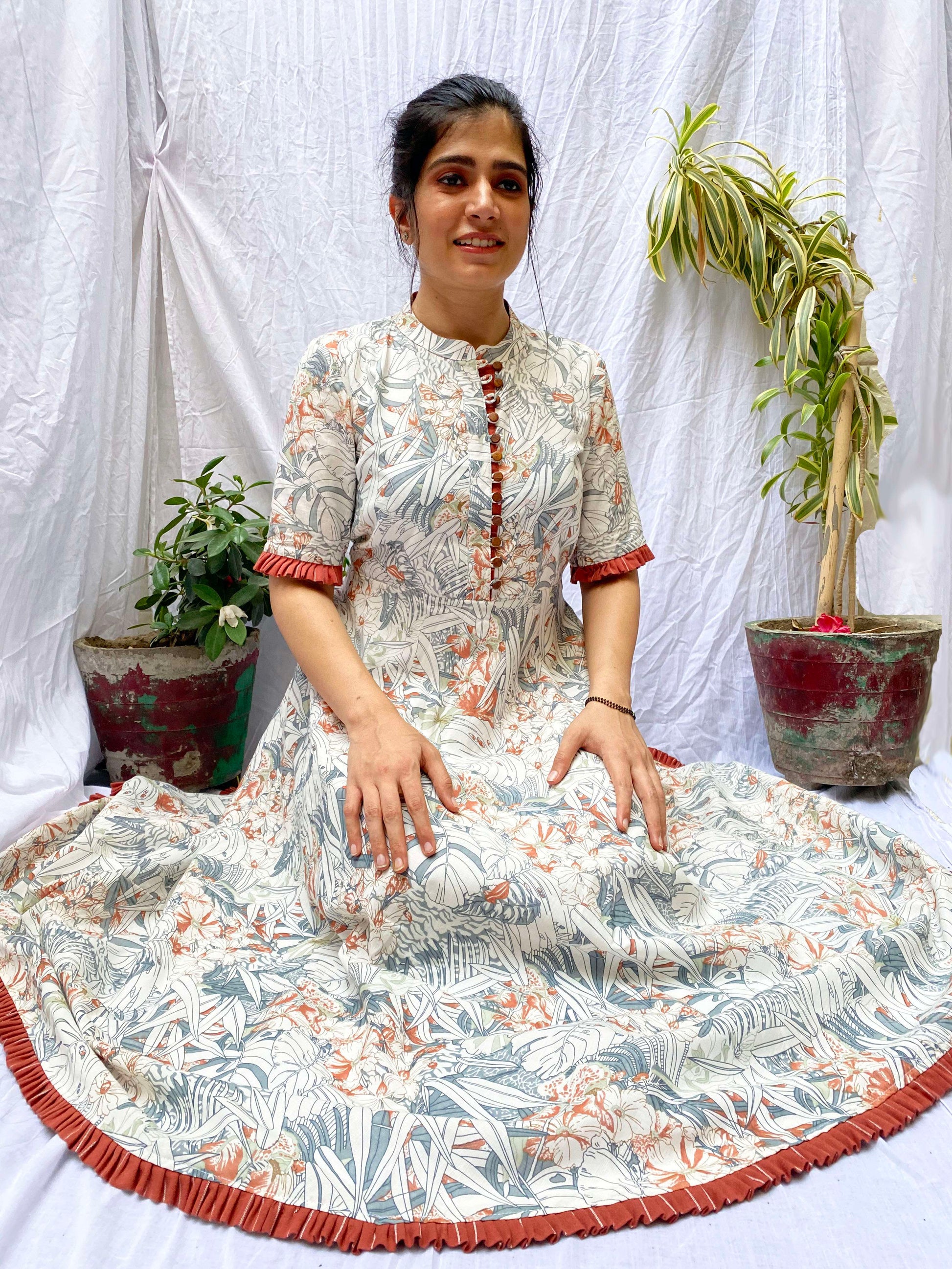 Ethereal White Linen Foliage Print Frill Dress - Curly Willow