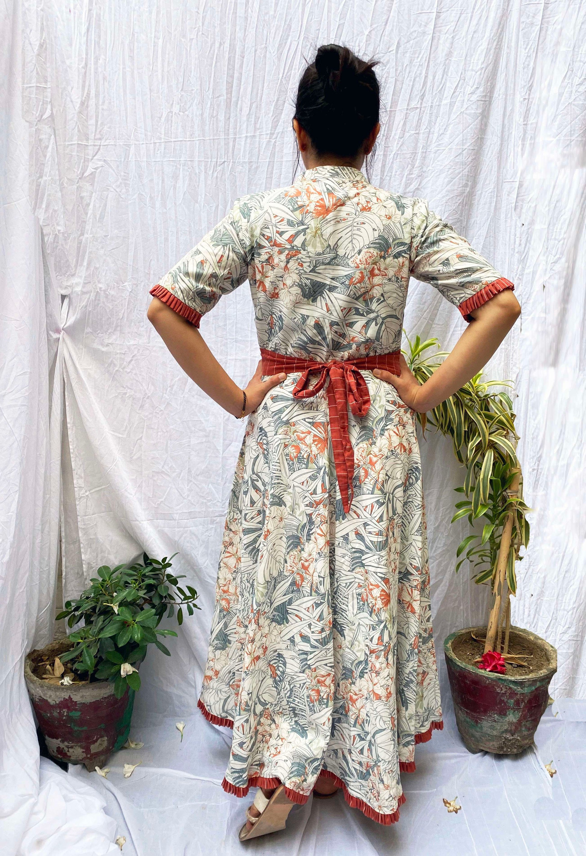 Ethereal White Linen Foliage Print Frill Dress - Curly Willow