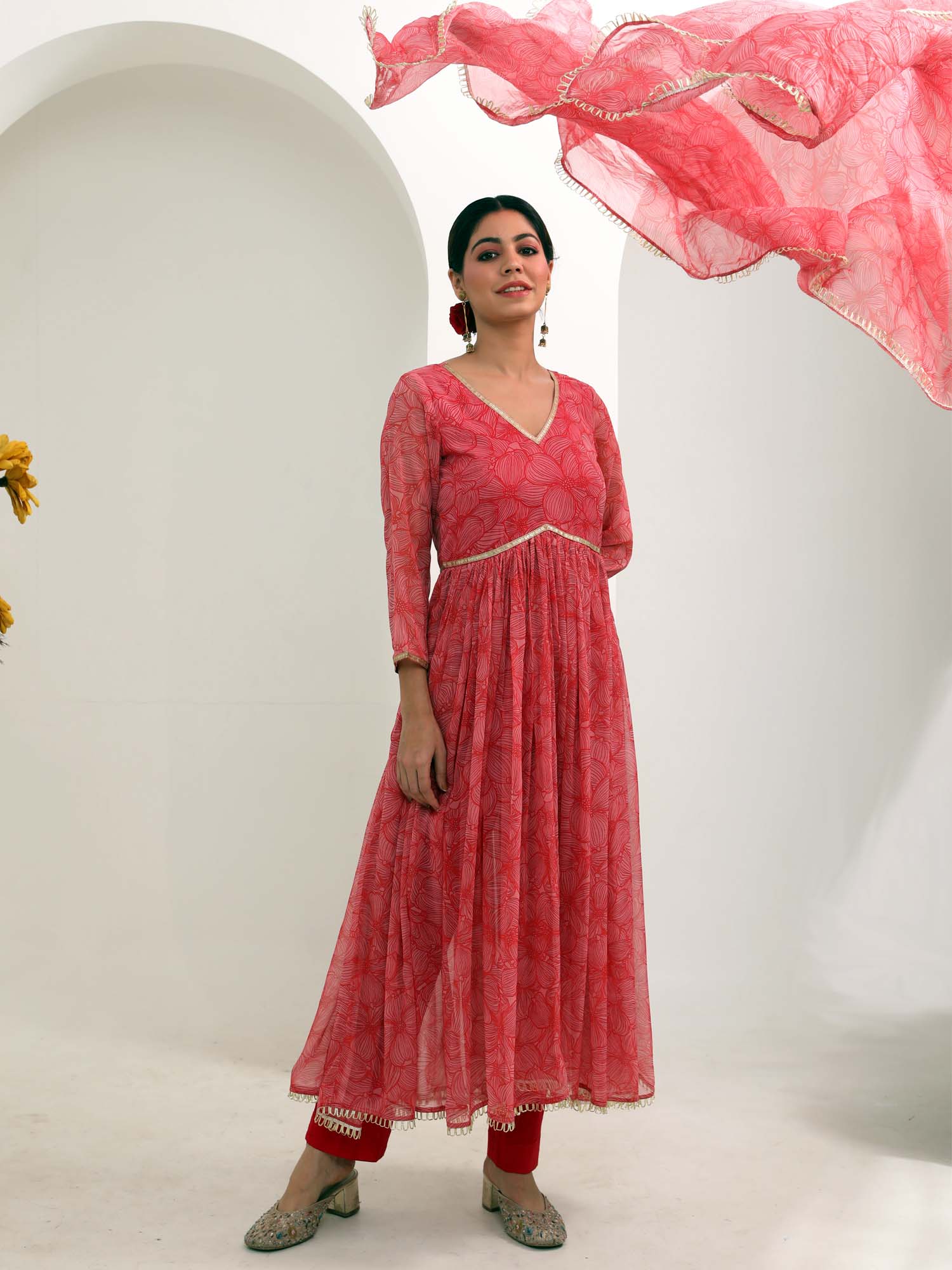 Festive Red Pink Grey Chiffon Floral Print Anarkali Suit Set - Gulab