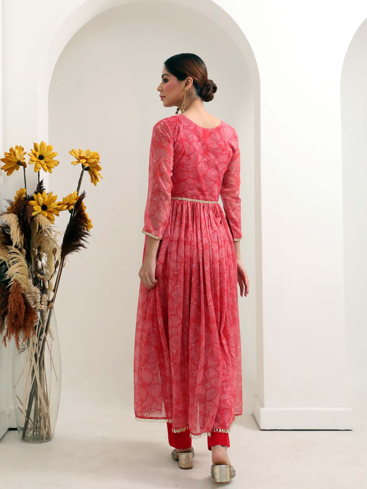 Festive Red Pink Grey Chiffon Floral Print Anarkali Suit Set - Gulab