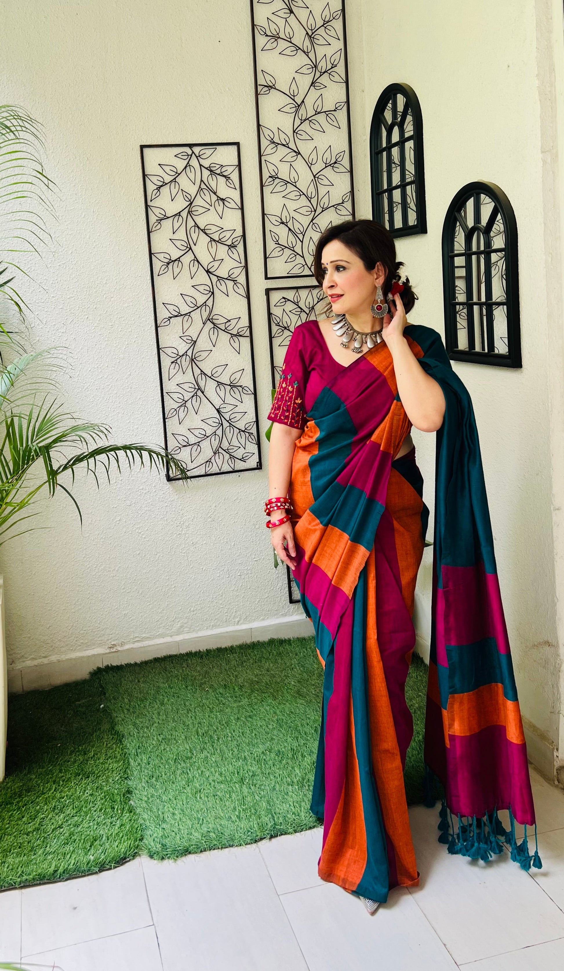Handcrafted Multicolor Rust Orange Navy Rose Gold Cotton Striped Saree