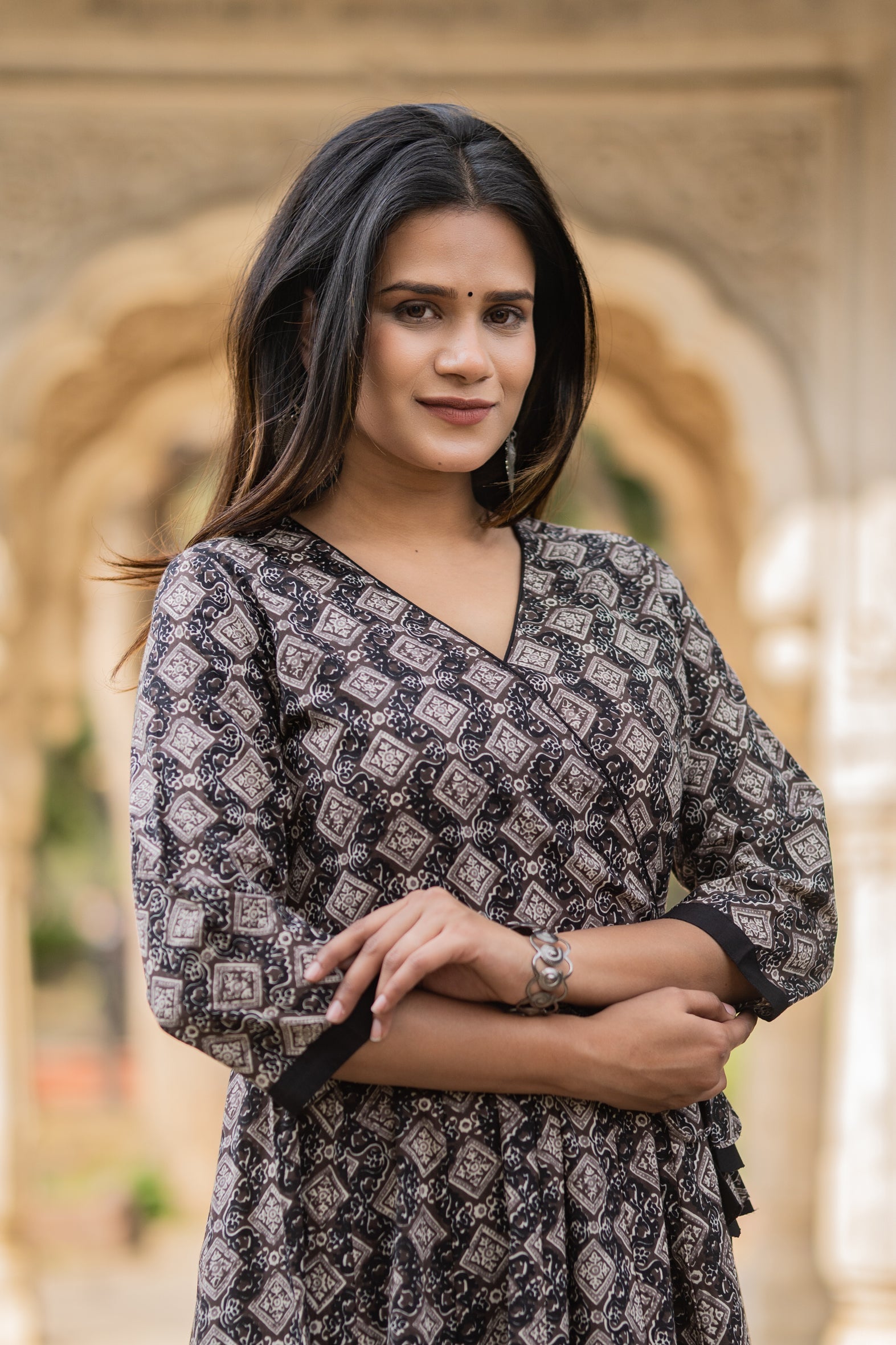 Black Cotton Boota Print Angrakha Kurta White Pants Set